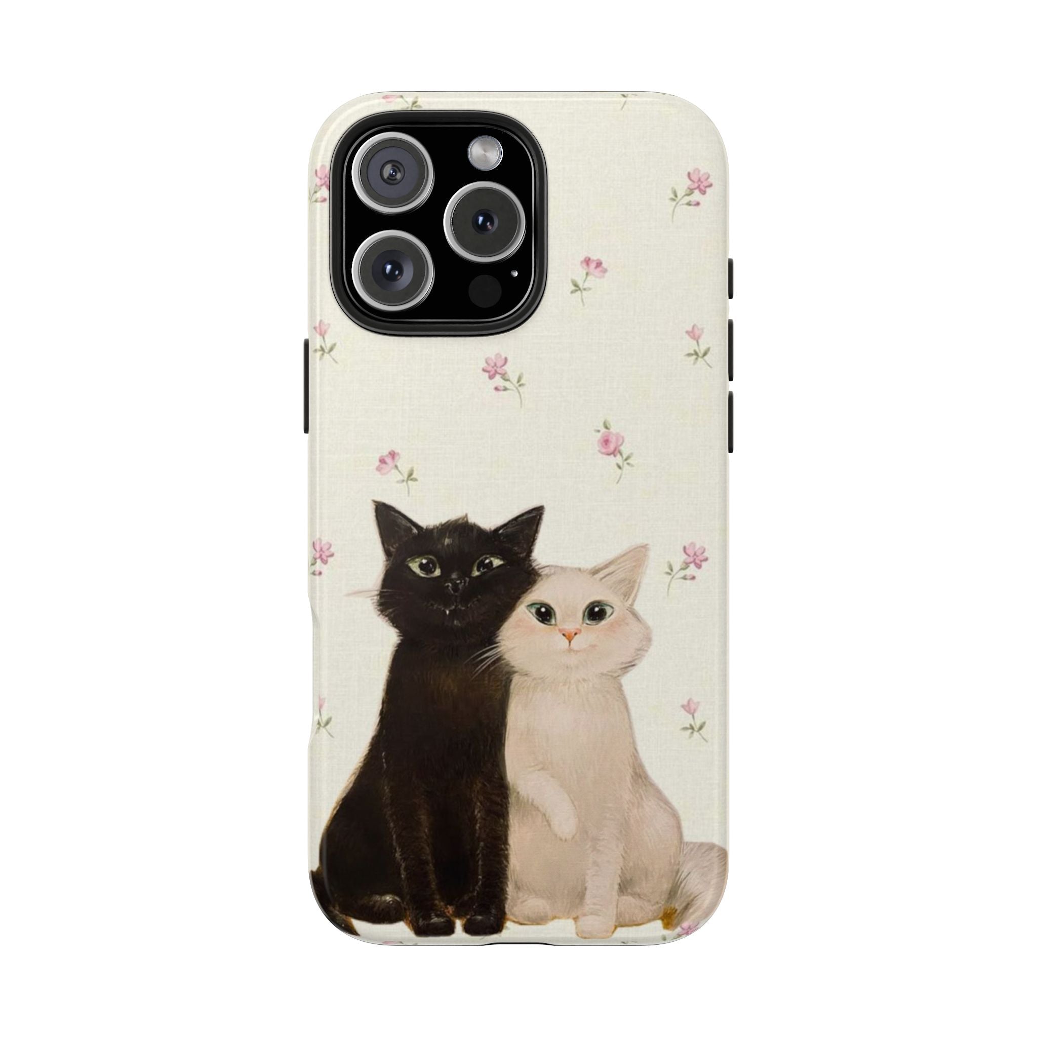 Cat couple floral phone case on cream: pink blossoms, black camera panel with lens cutouts