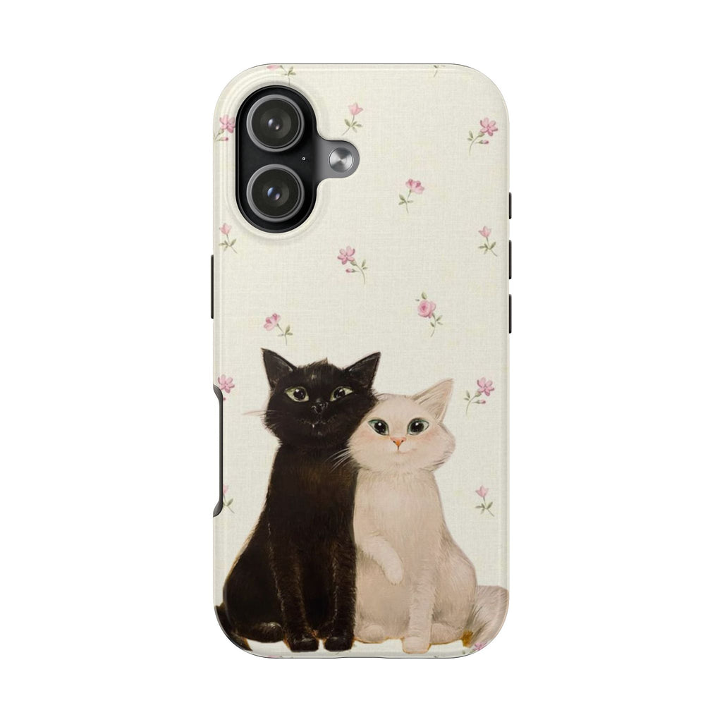 Cat couple floral phone case: cream with pink flowers and black/white cats, camera cutouts