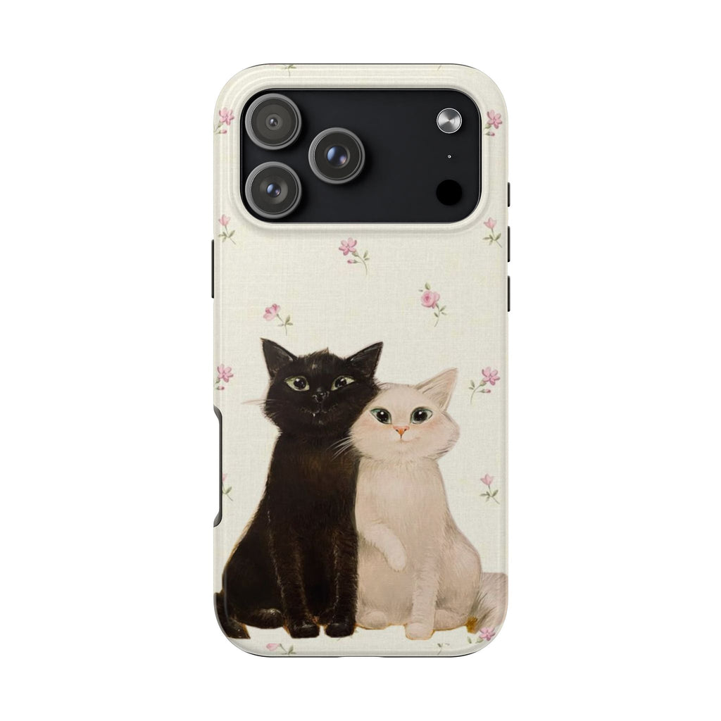 Cat couple floral phone case: cream background with pink blossoms, black cat and white kitten