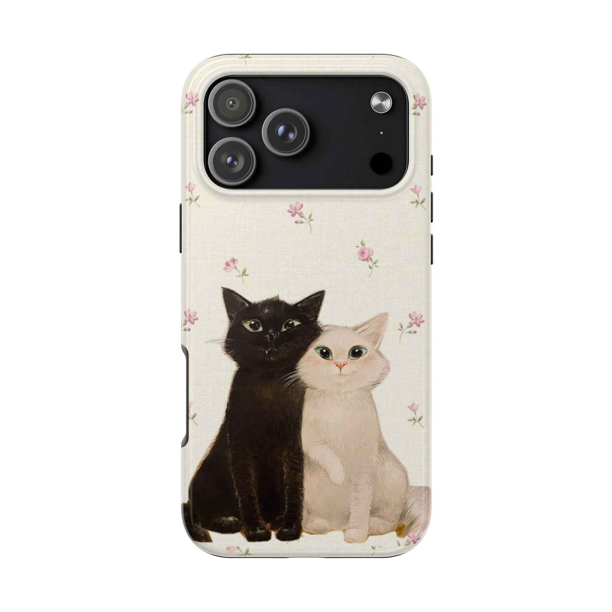 Cat couple floral phone case: cream background with pink blossoms, black cat and white kitten