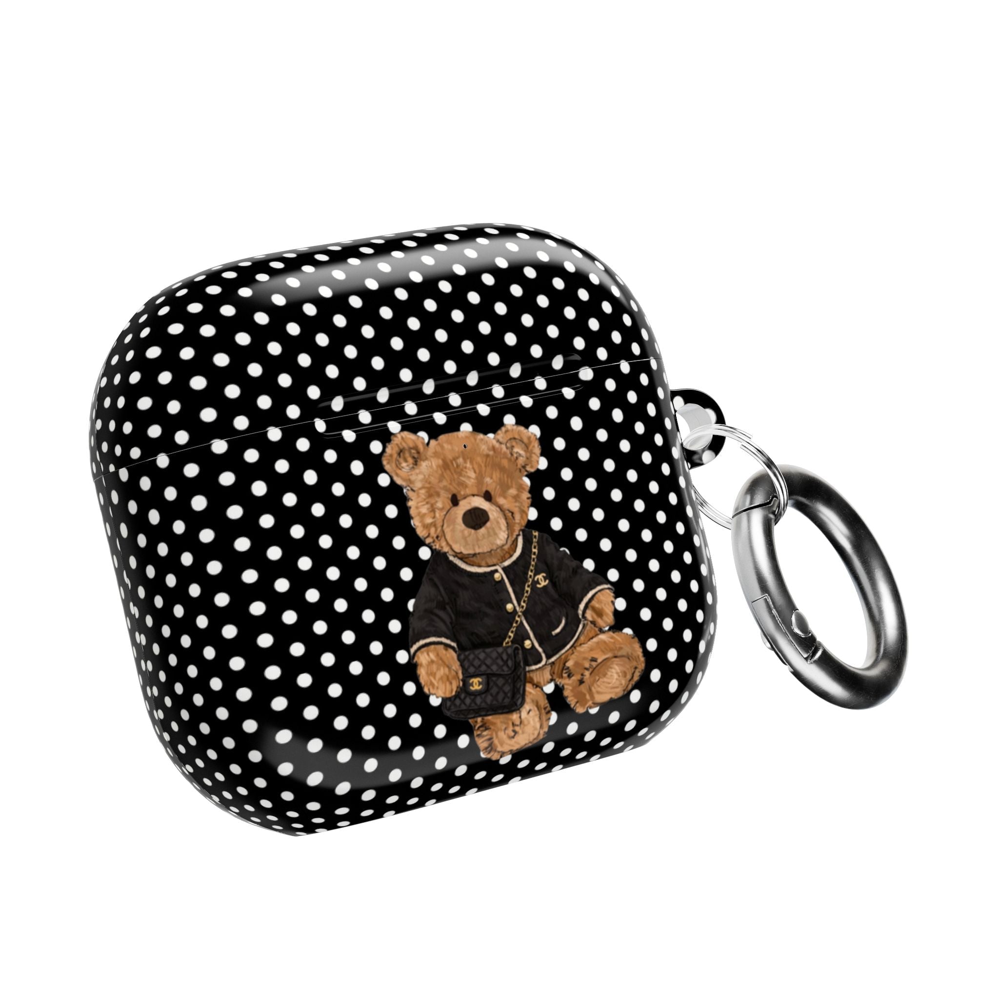 Polka dot AirPods case with teddy bear graphic, side view with metal keyring