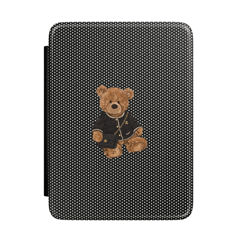 Black & white polka dot Kindle hardcover case with teddy bear patch
