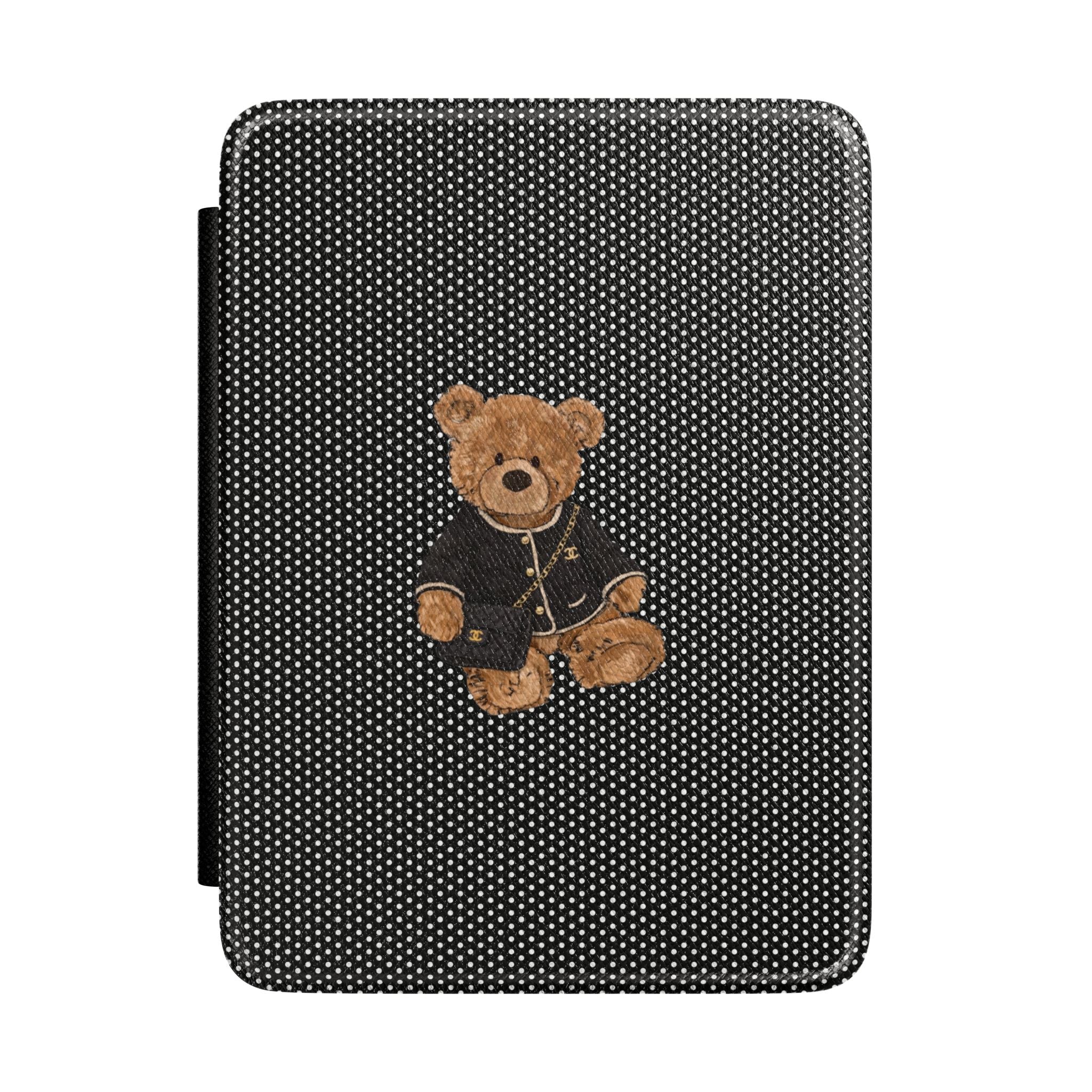 Black & white polka dot Kindle hardcover case with teddy bear patch