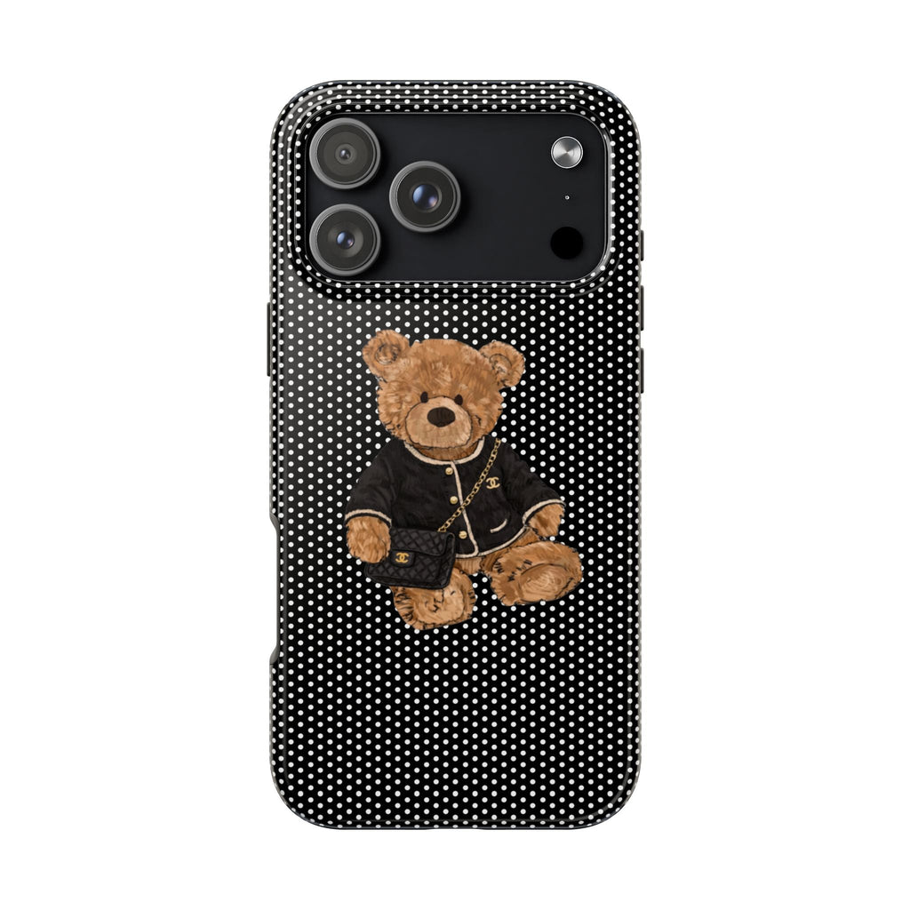 Black-and-white polka dot phone case with teddy bear in jacket and chain