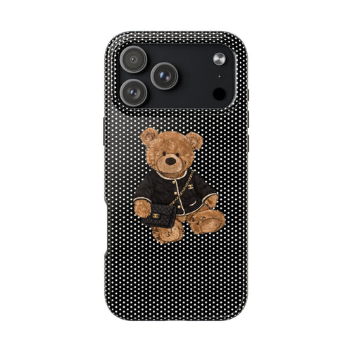 Black-and-white polka dot phone case with teddy bear in jacket and chain
