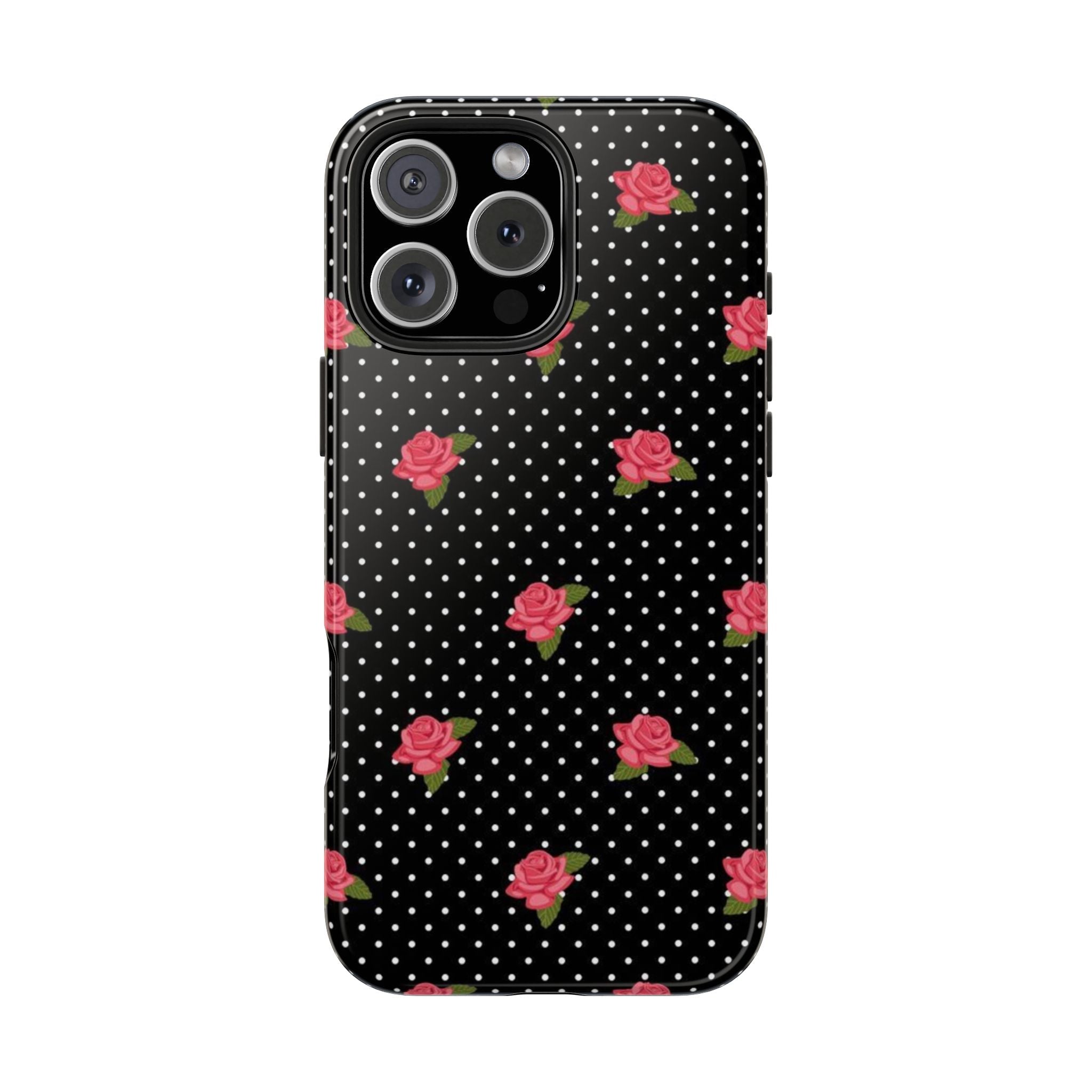 Black phone case with white polka dots and pink roses, full back with camera cutouts
