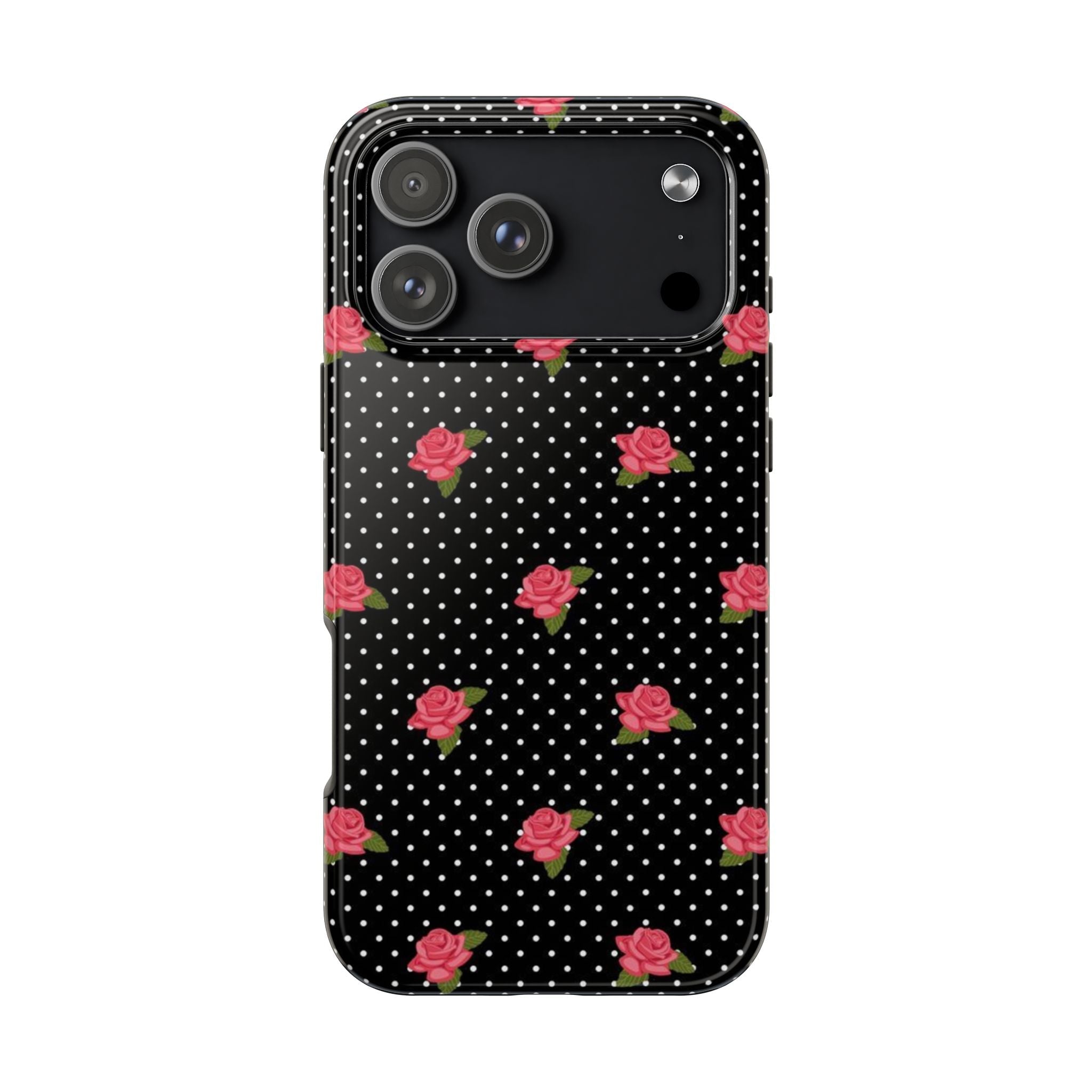 Black & white polka dot phone case with pink rose pattern, front cutout openings