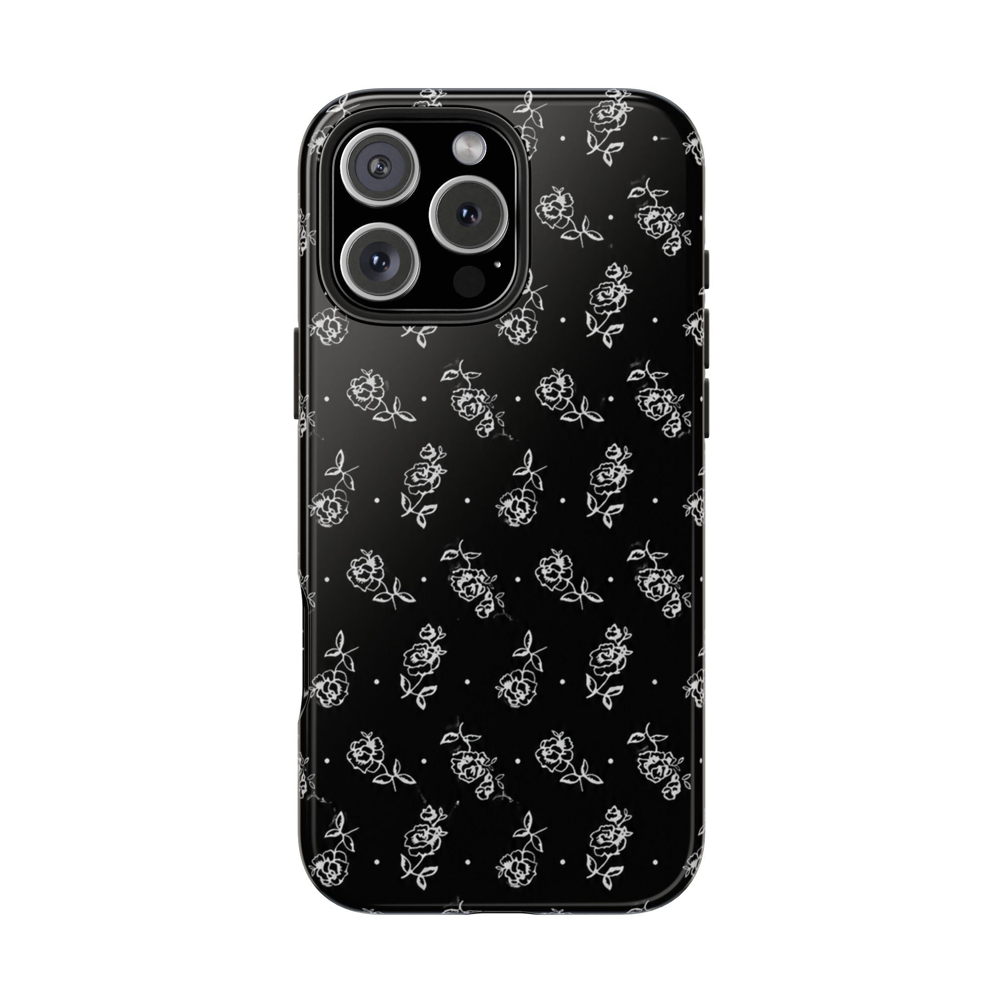 Black phone case with scattered white roses, leaves, and small dots; camera area
