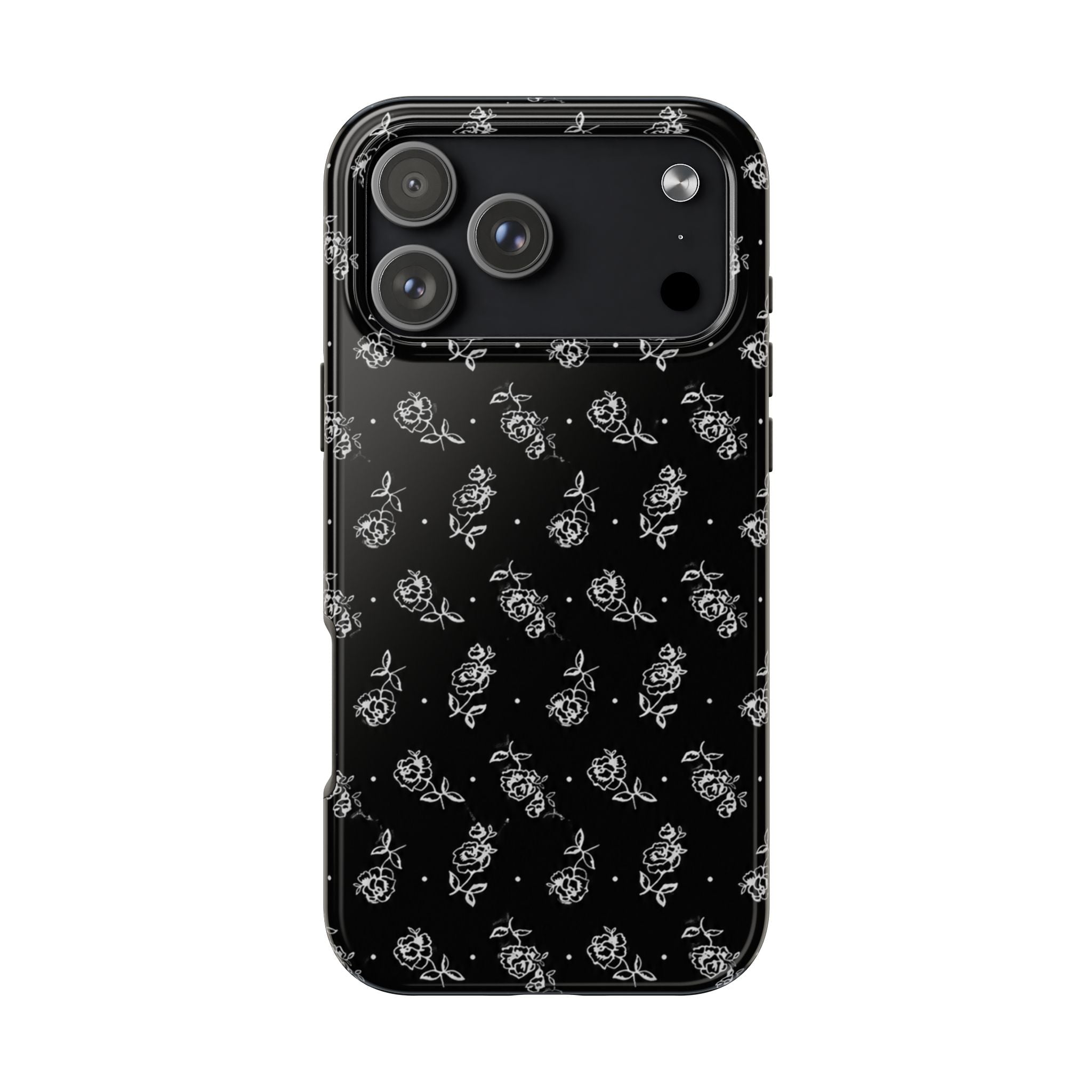 Black phone case with white rose and vine pattern; camera cutouts visible