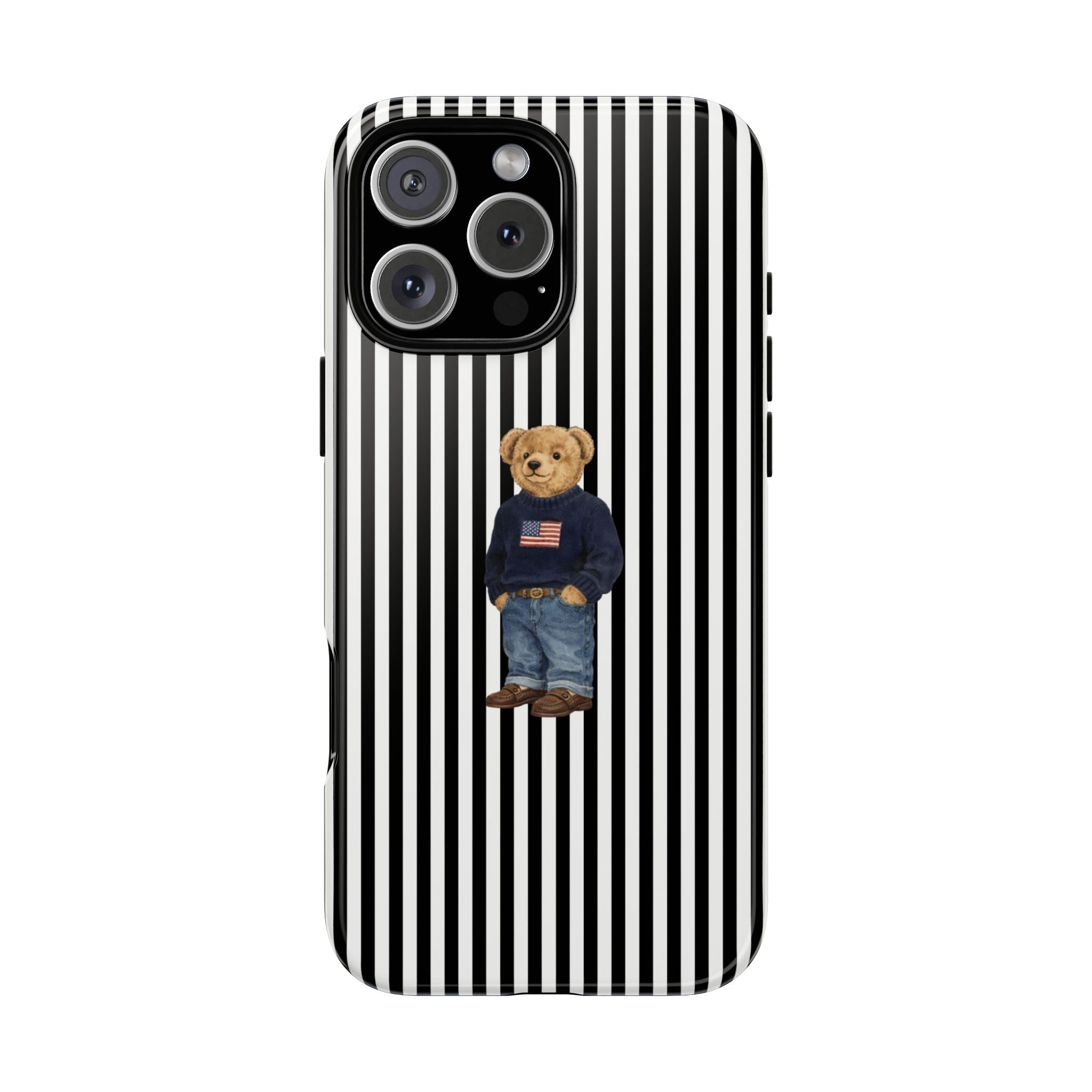 Black and white striped phone case with teddy bear in blue outfit
