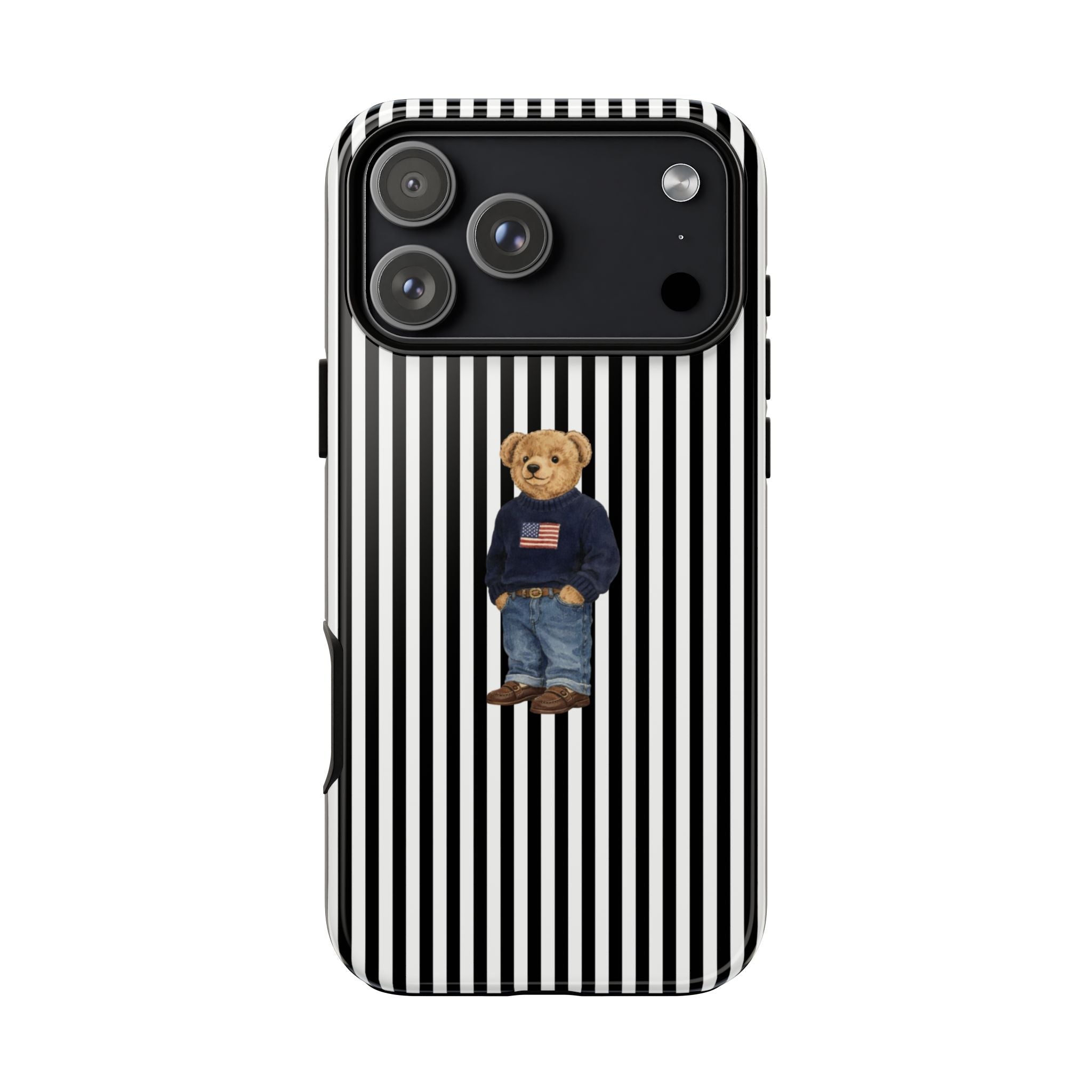 Phone case back view with black-and-white stripes and teddy bear patch