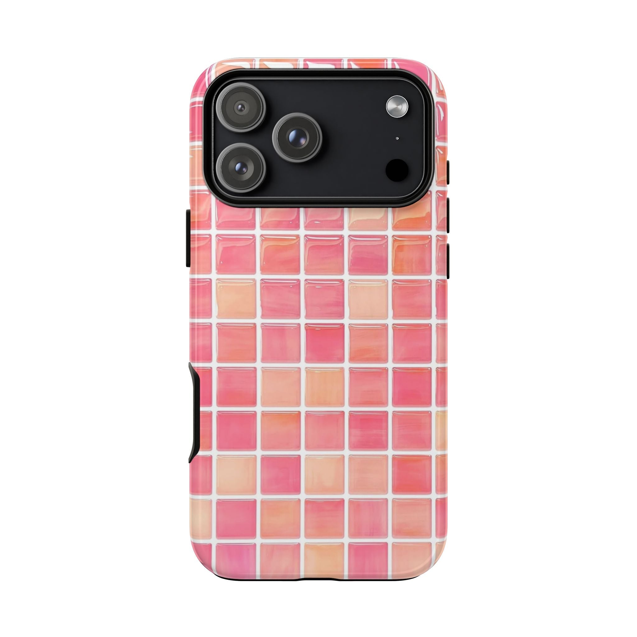 Blood orange mosaic phone case with pink tile grid pattern and visible camera lens cutouts