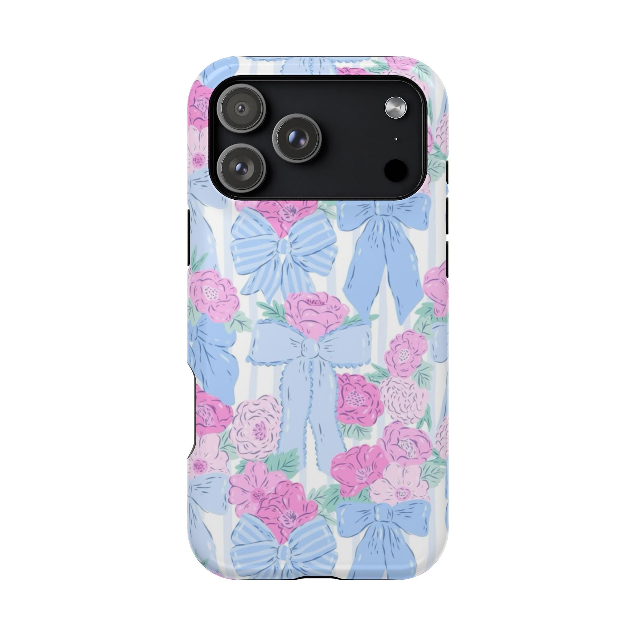 Floral phone case pattern with pink and blue bows and flowers over a clear body