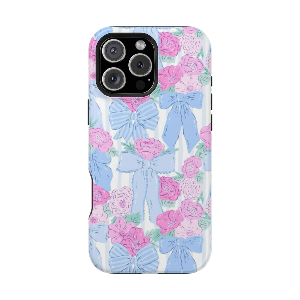 Floral phone case with pink and blue bows and blossoms, glossy clear finish