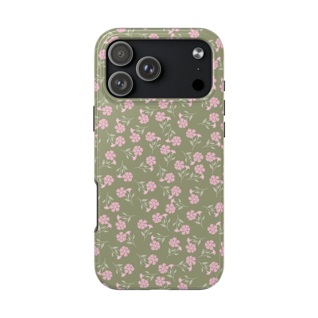 Olive green phone case with pink floral pattern; black camera cutout on back.