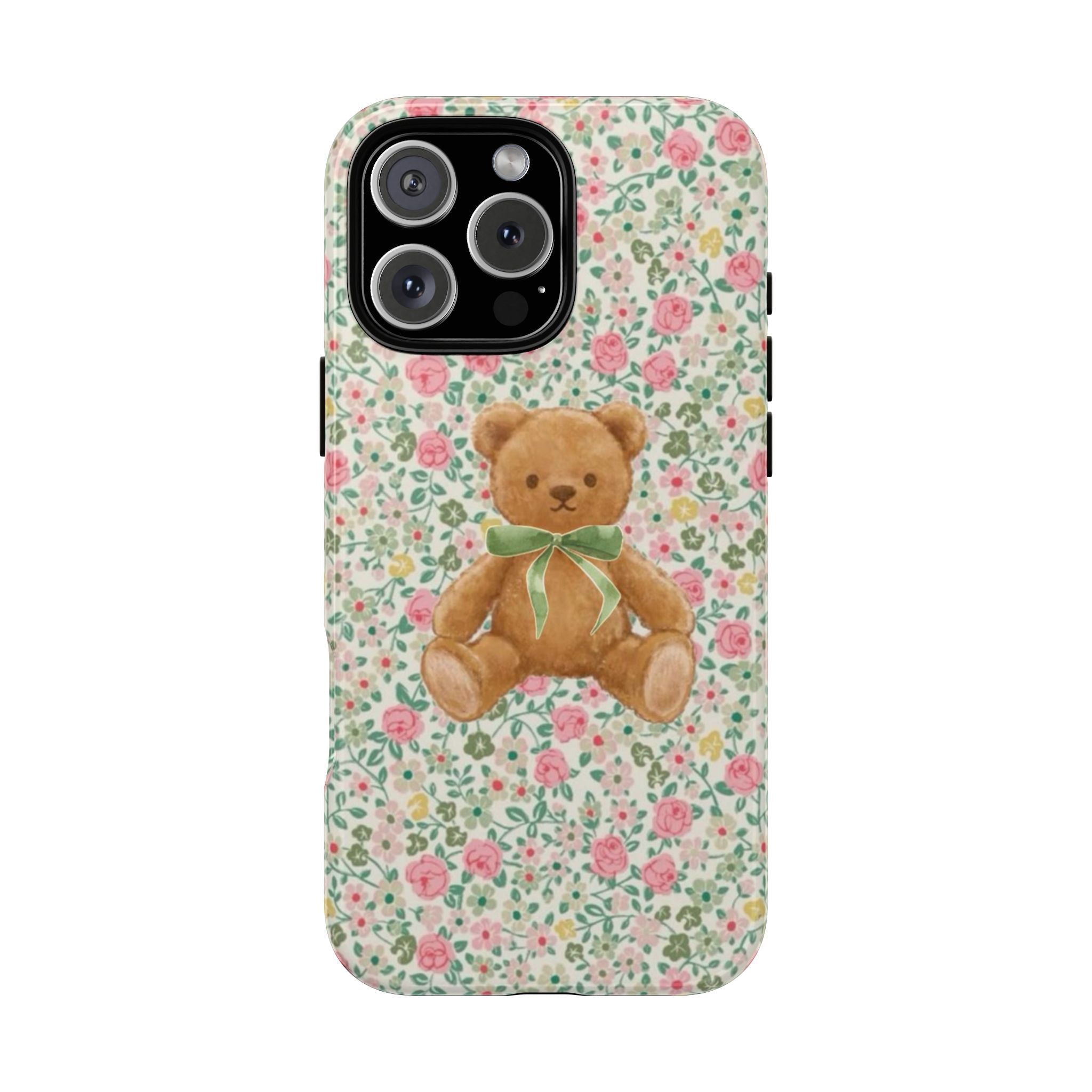 Floral phone case with cute teddy bear and green bow, with camera cutout