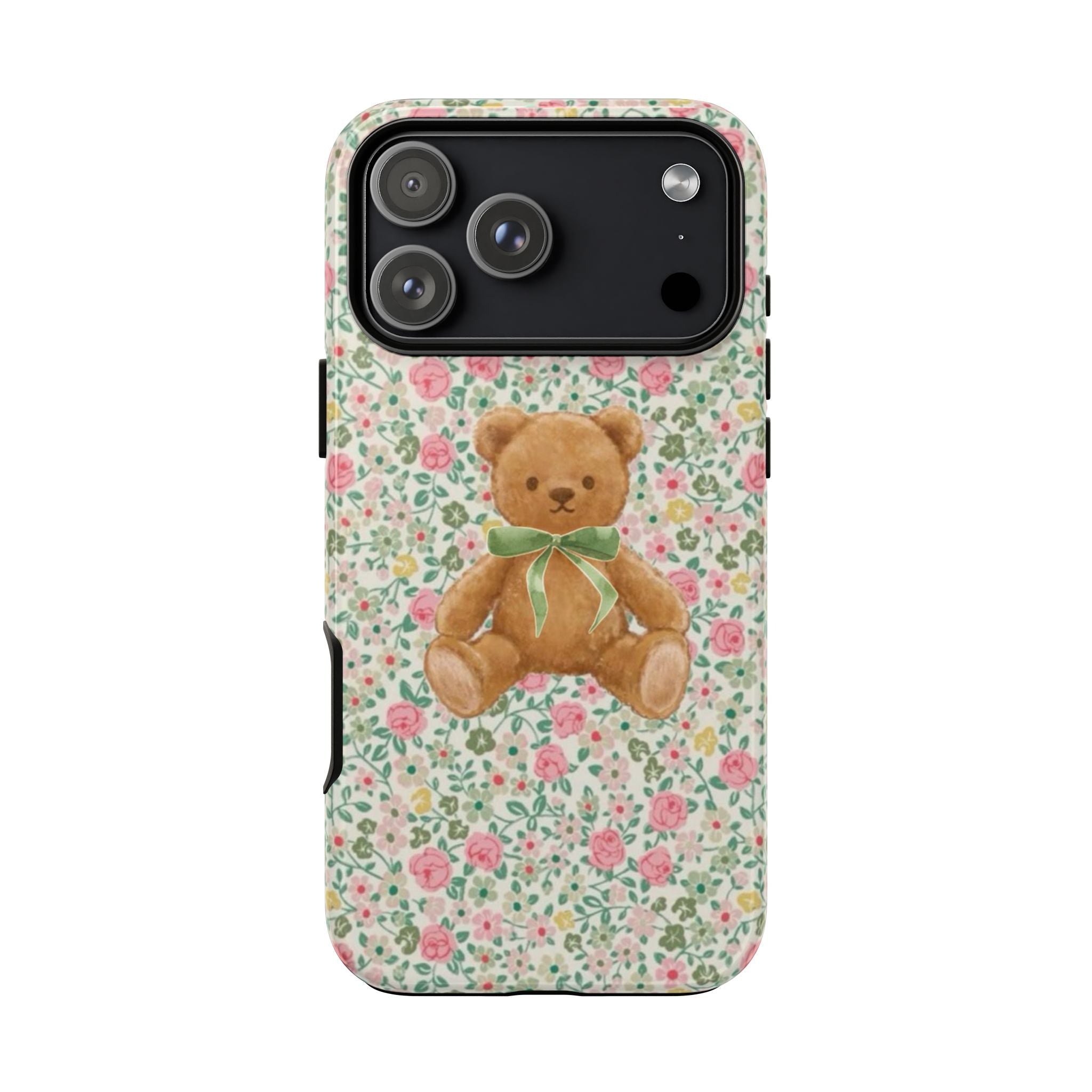 Back of floral phone case showing teddy bear sitting with green ribbon bow