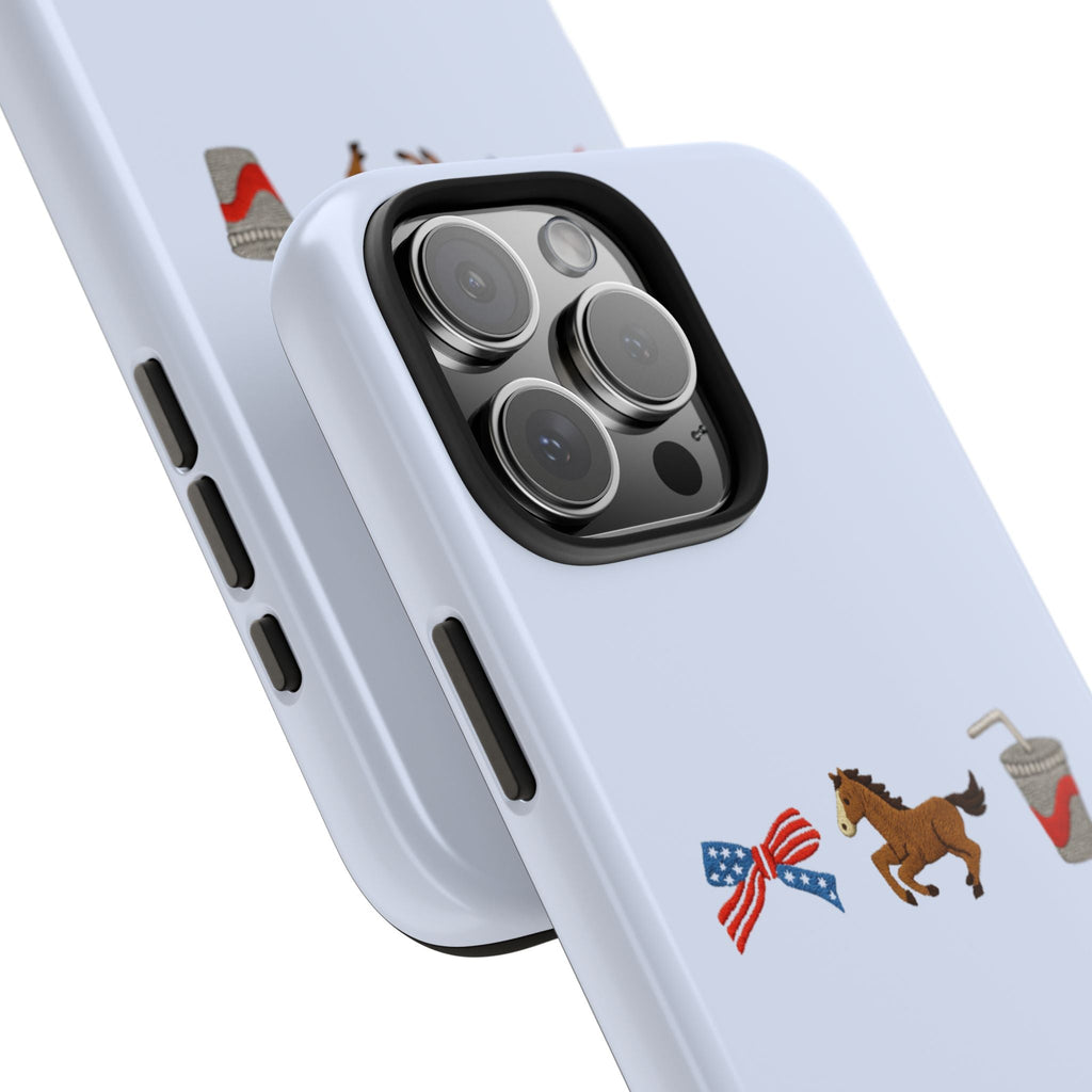 Light blue phone case close-up of camera module and horse/flag/drink artwork