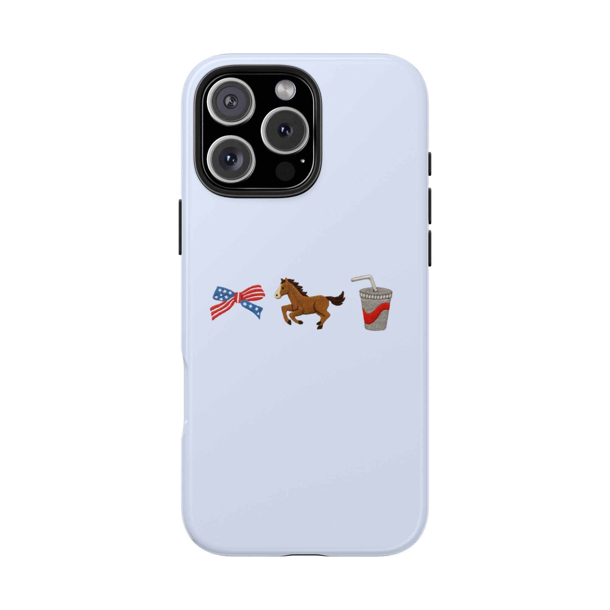 Light blue phone case with horse, waving flag and drink graphic