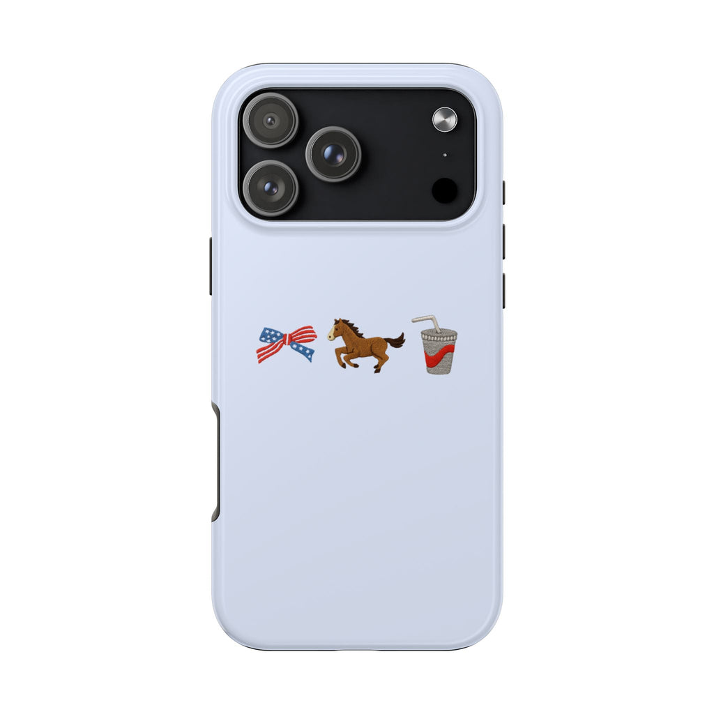 Light blue phone case with camera cutout and horse, flag and drink decals