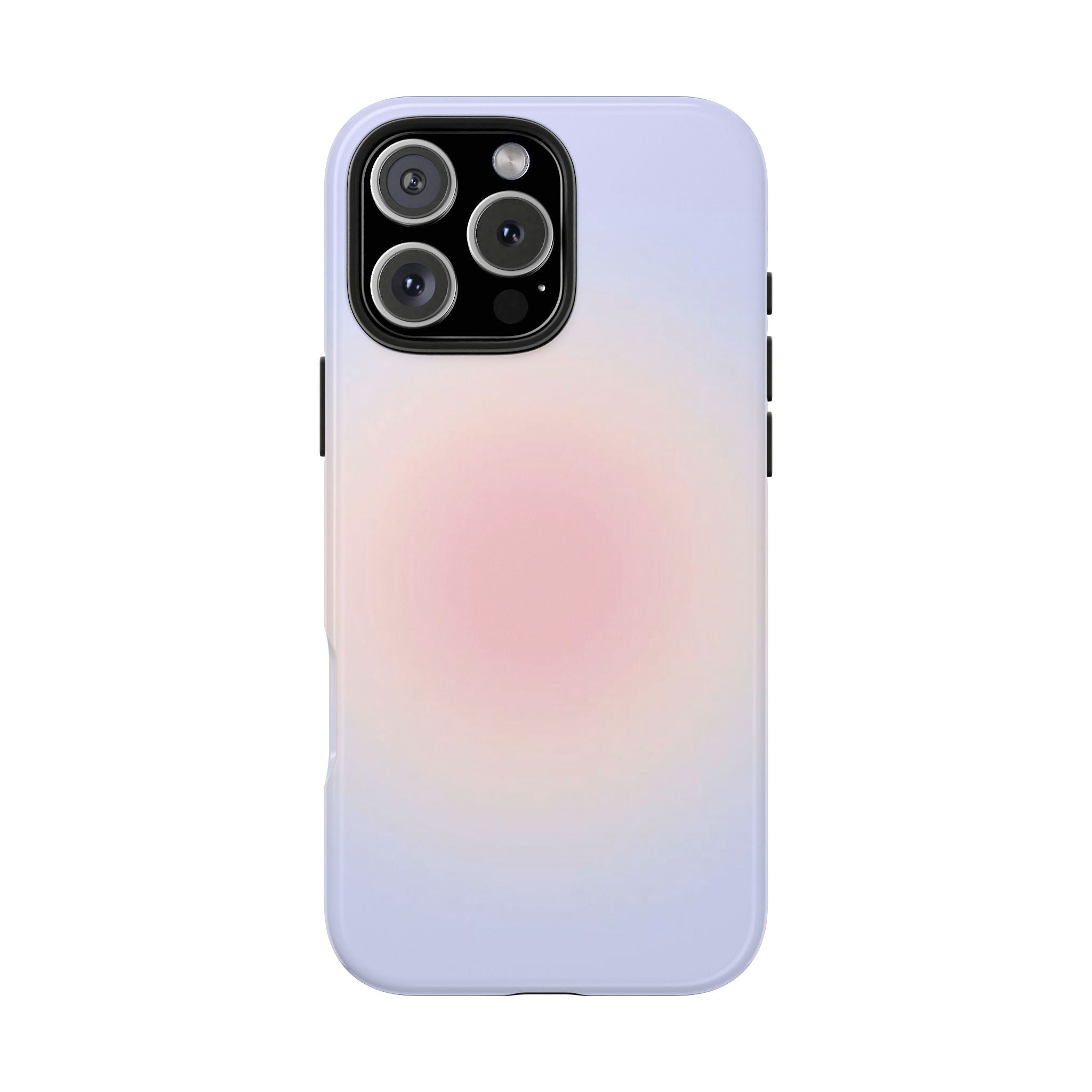Blue aura phone case, pastel lilac-to-pink gradient back with camera cutout and side ports