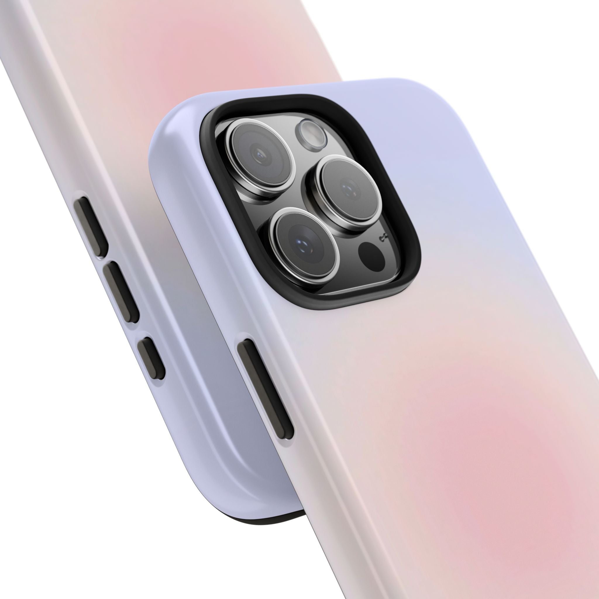 Close-up of blue aura phone case corner, pastel gradient with camera lens protection