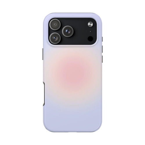 Blue aura phone case with pastel gradient, raised edges, and cutouts for camera and buttons