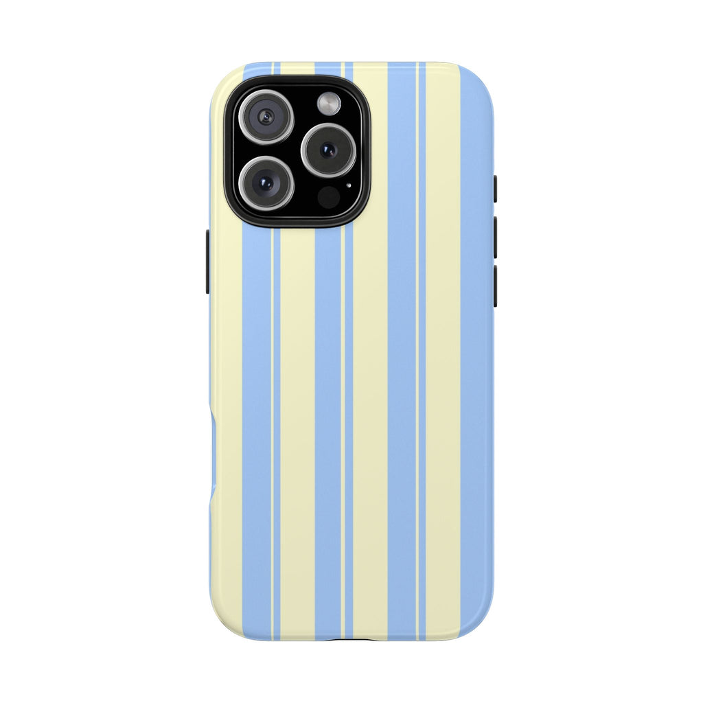Back of blue baby doll striped phone case in pale yellow with vertical light blue lines