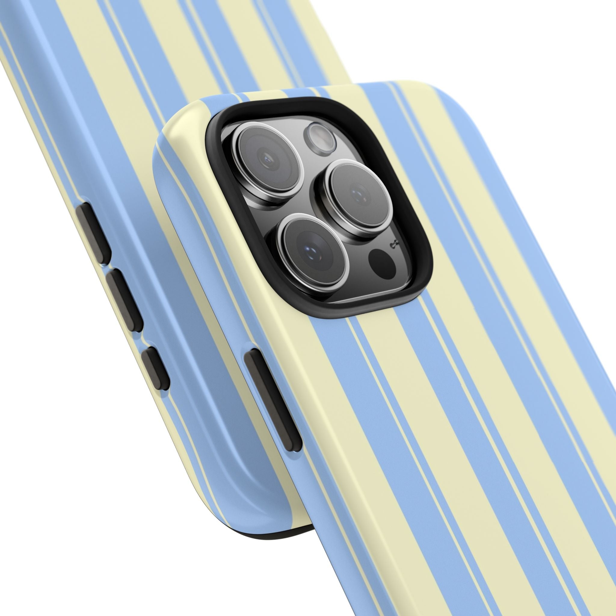 Phone case corner view: light blue vertical stripes on pale yellow with camera ring cover