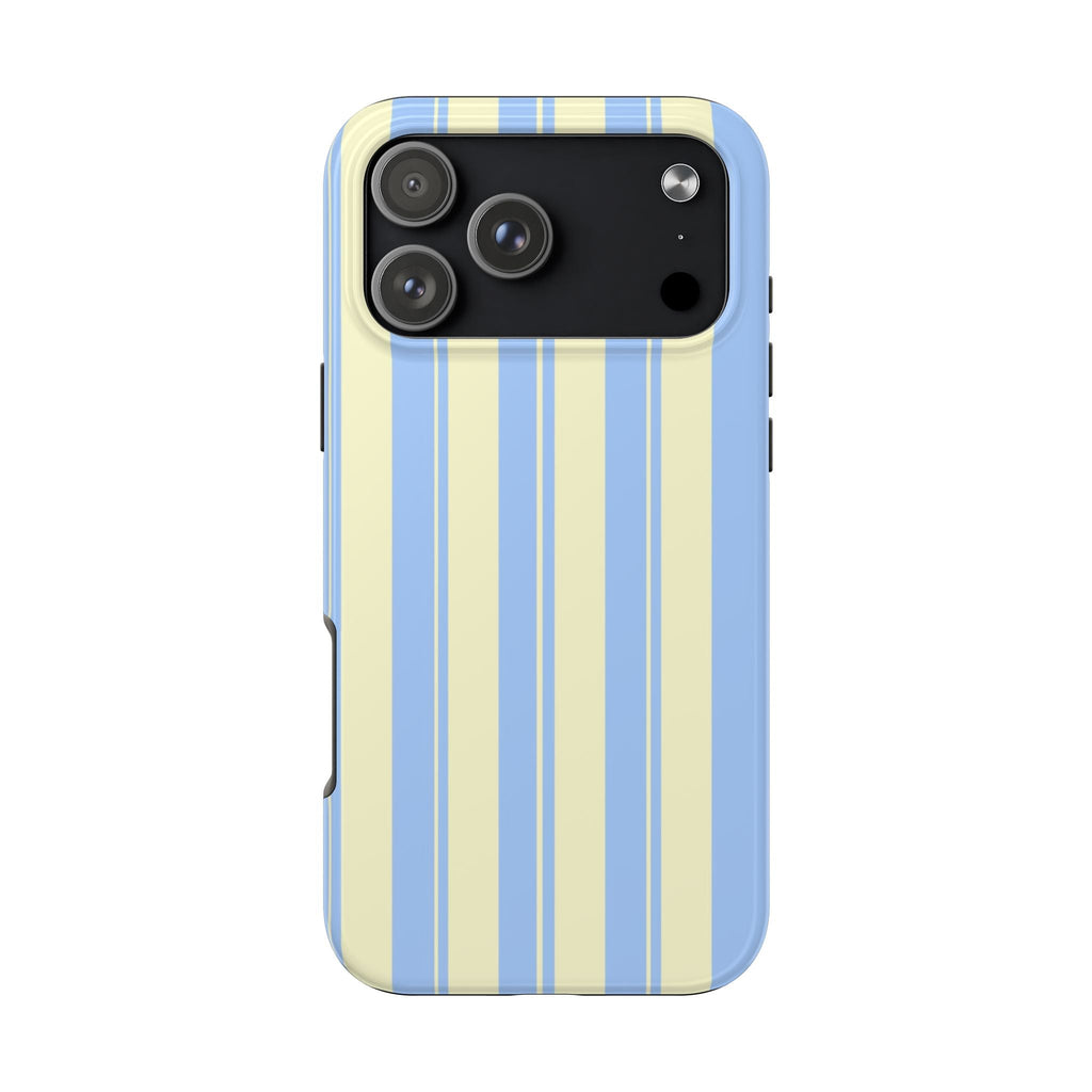 Blue and pale yellow striped phone case with camera cutout and raised lens edges