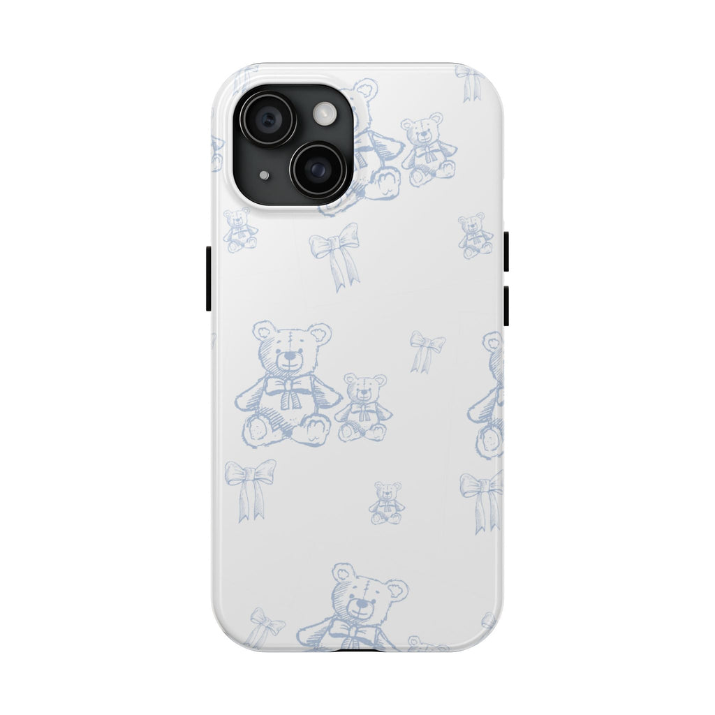 Blue bear phone case with light blue doodle pattern, white back and camera cutouts