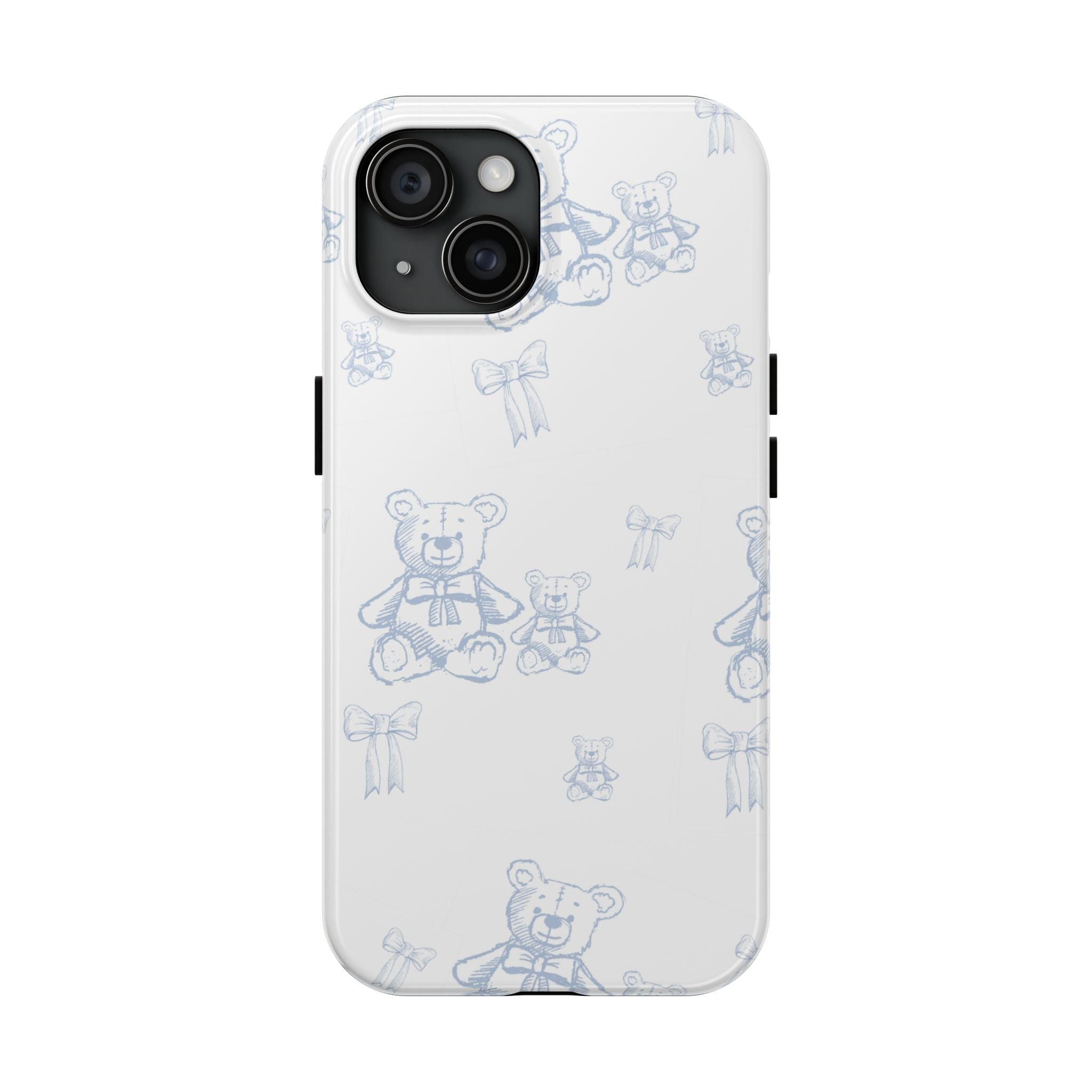 Blue bear phone case with light blue doodle pattern, white back and camera cutouts