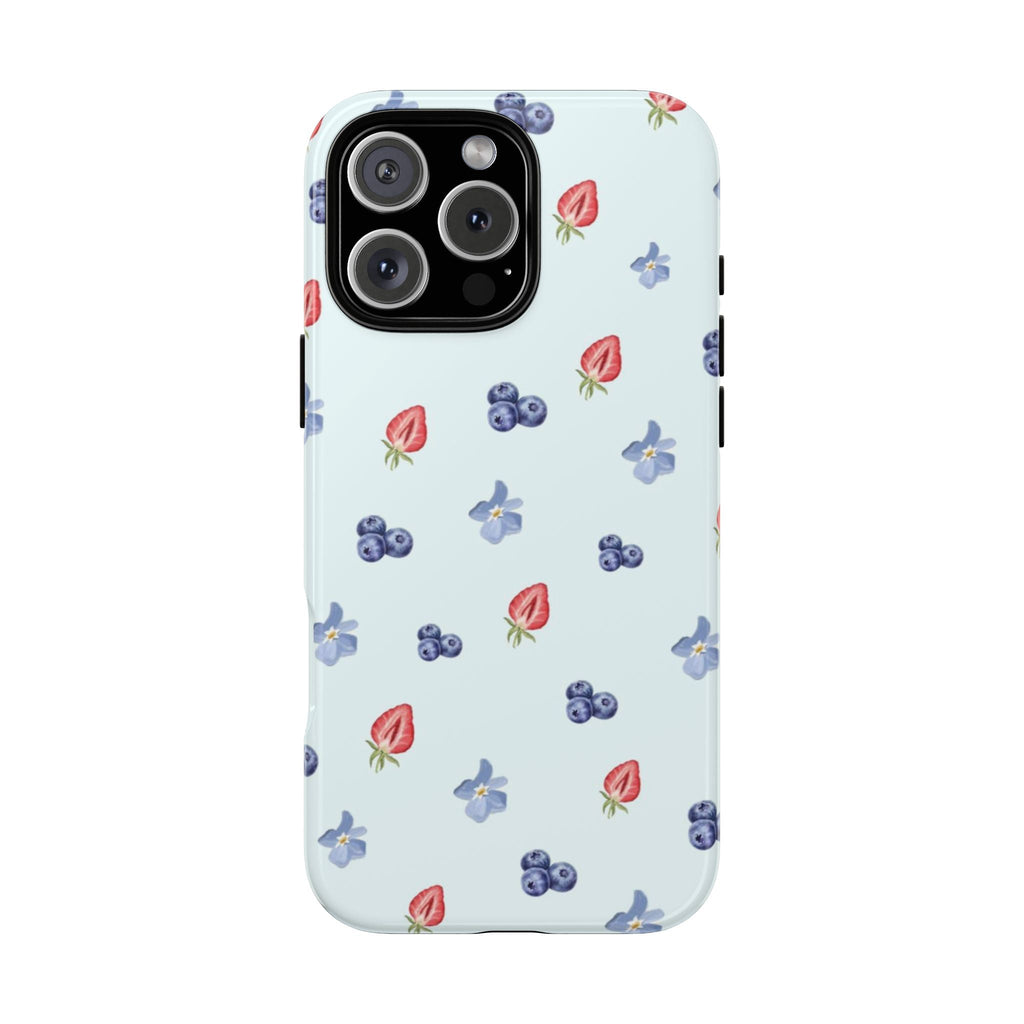 Light blue phone case with scattered blueberries, flowers, and leaves pattern