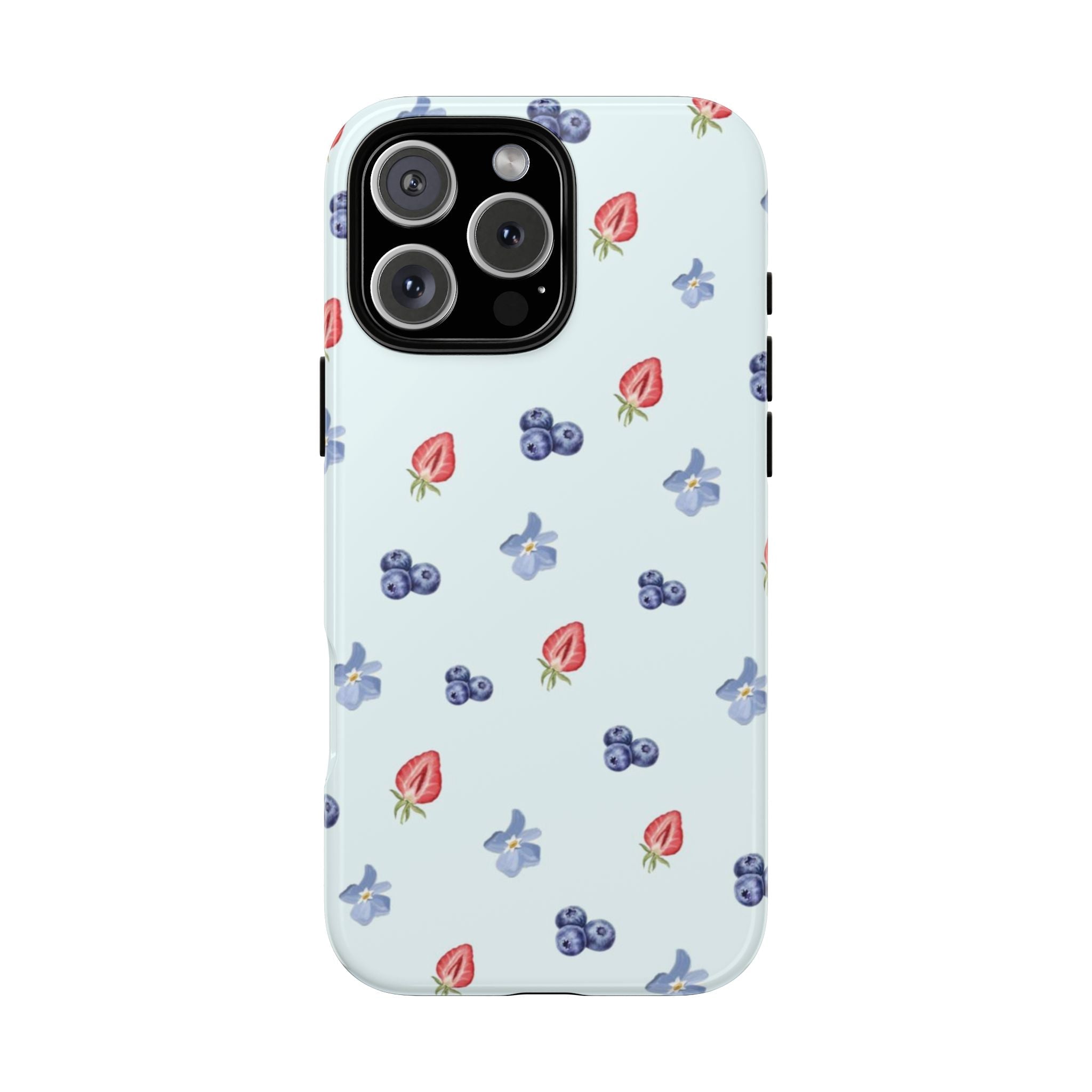 Light blue phone case with scattered blueberries, flowers, and leaves pattern