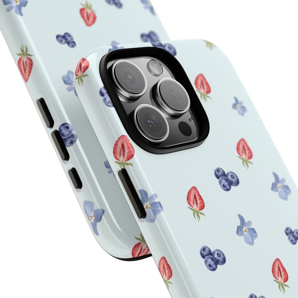 Light blue phone case pattern with blueberries and flowers, angled side view
