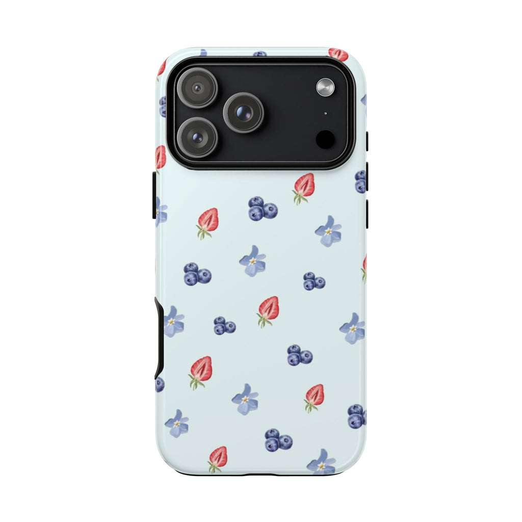 Light blue phone case with blueberry and flower print, visible camera cutouts