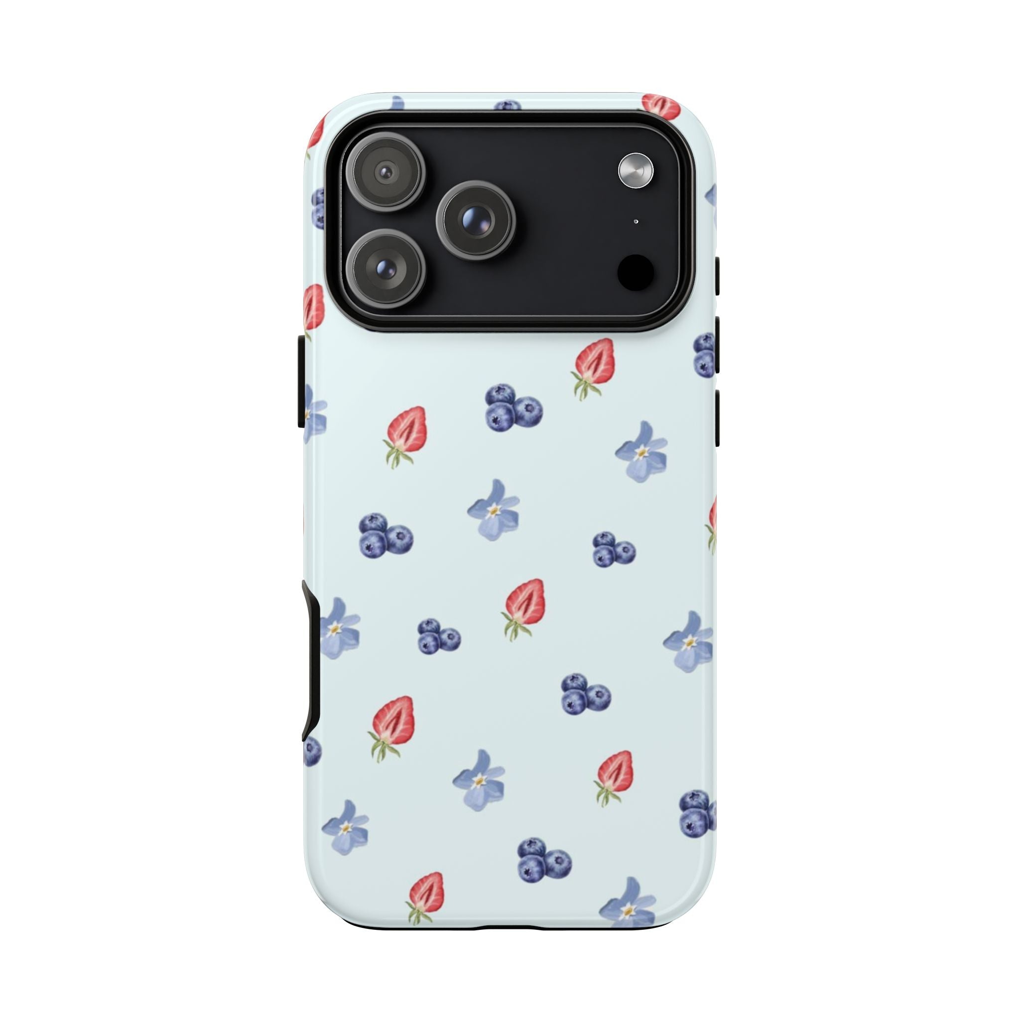Light blue phone case with blueberry and flower print, visible camera cutouts