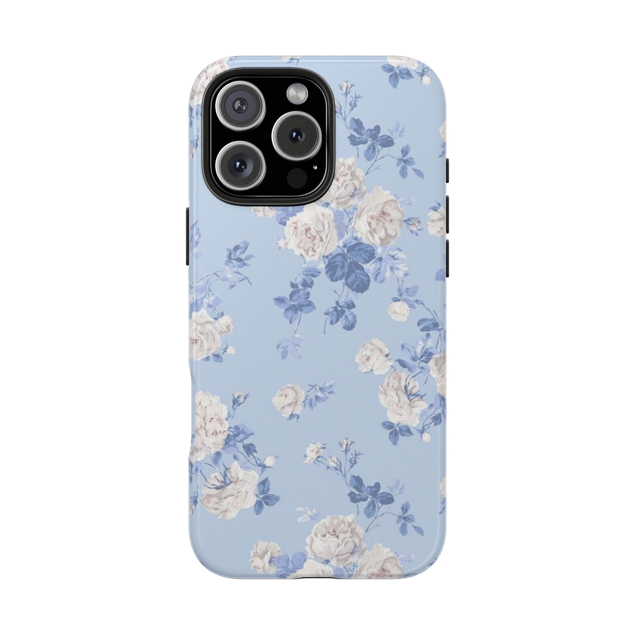 Light blue floral phone case back with cream roses and blue botanicals, camera lenses