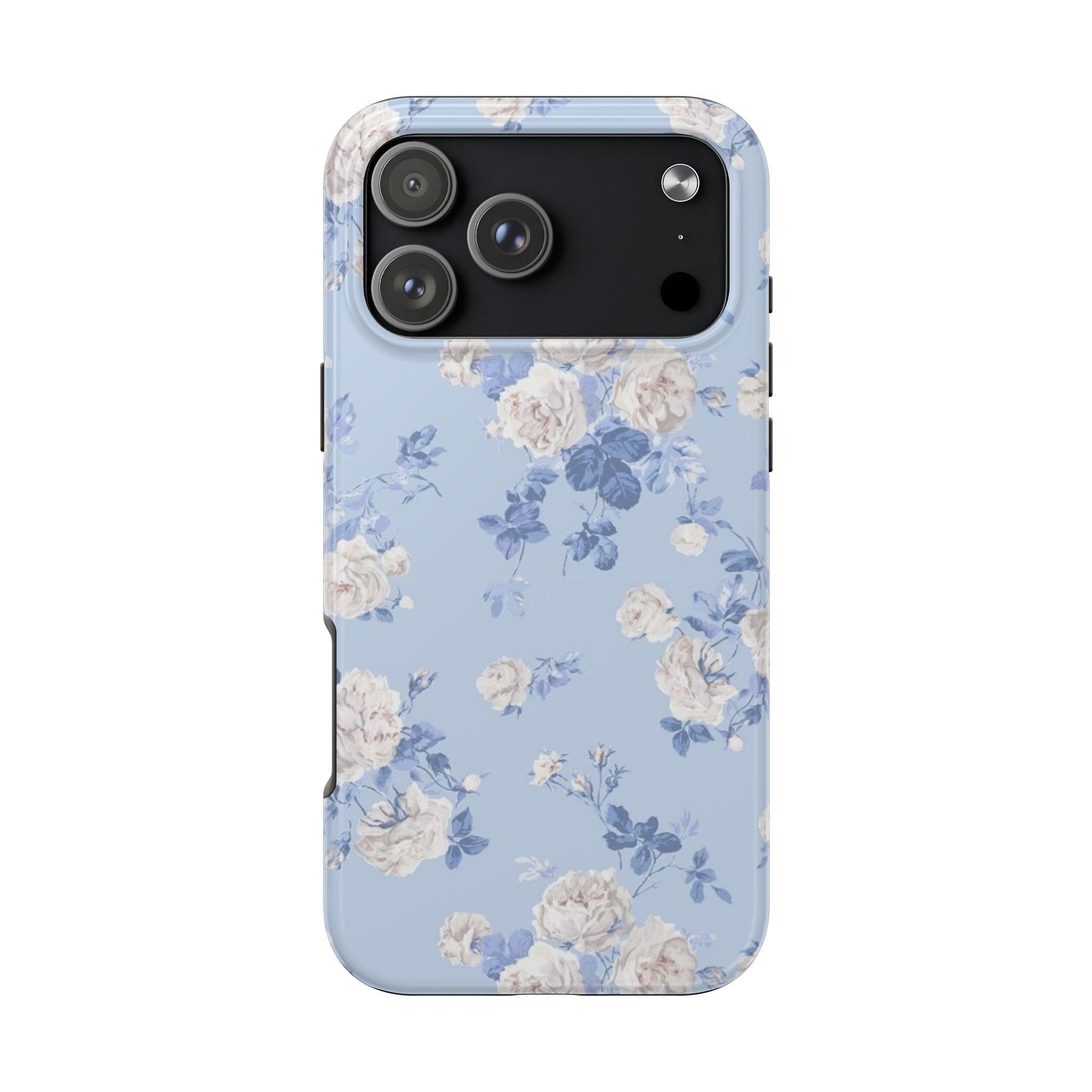 Light blue floral phone case with cream roses and blue leaves, camera cutout