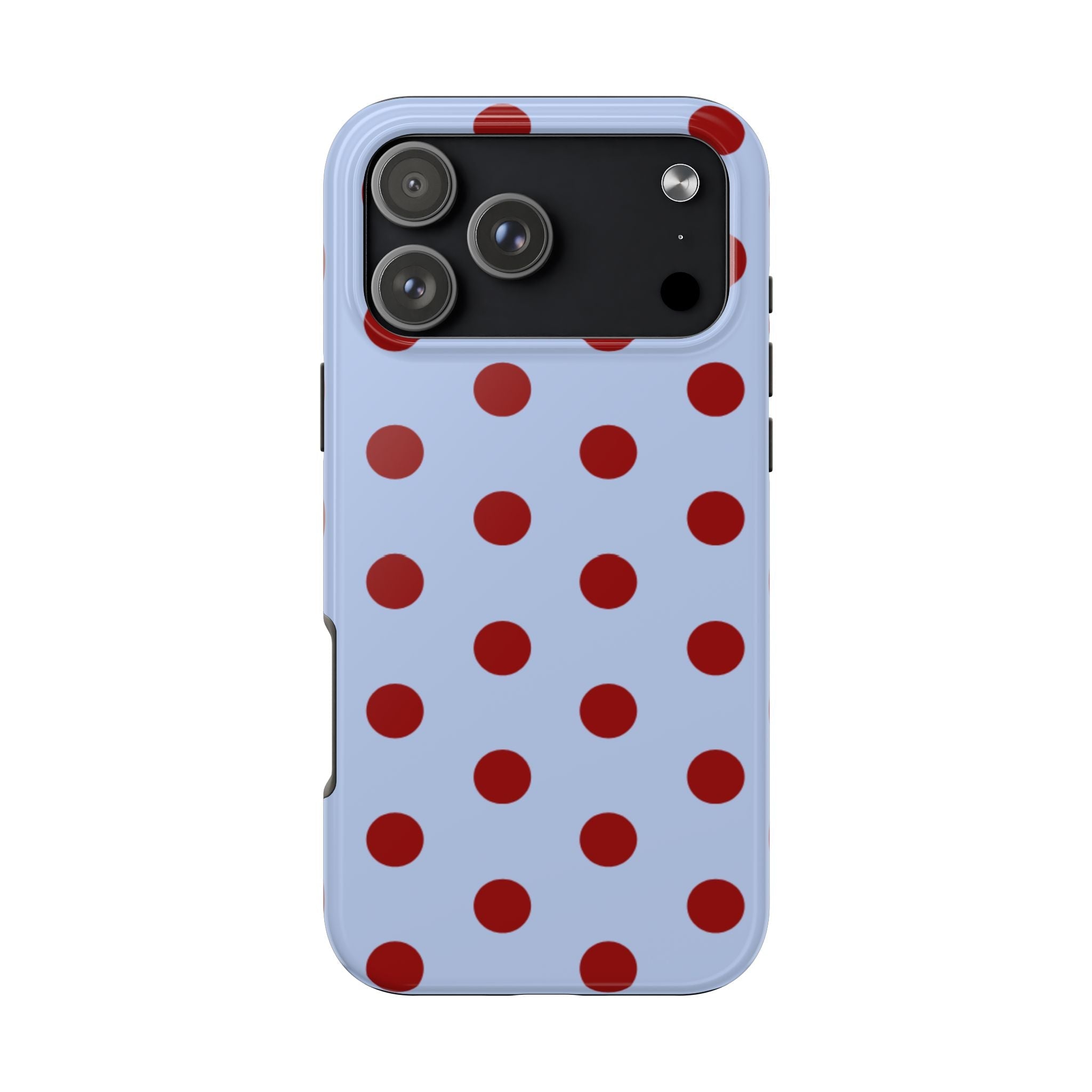 Light blue phone case with red-burgundy polka dots and rear camera cutout