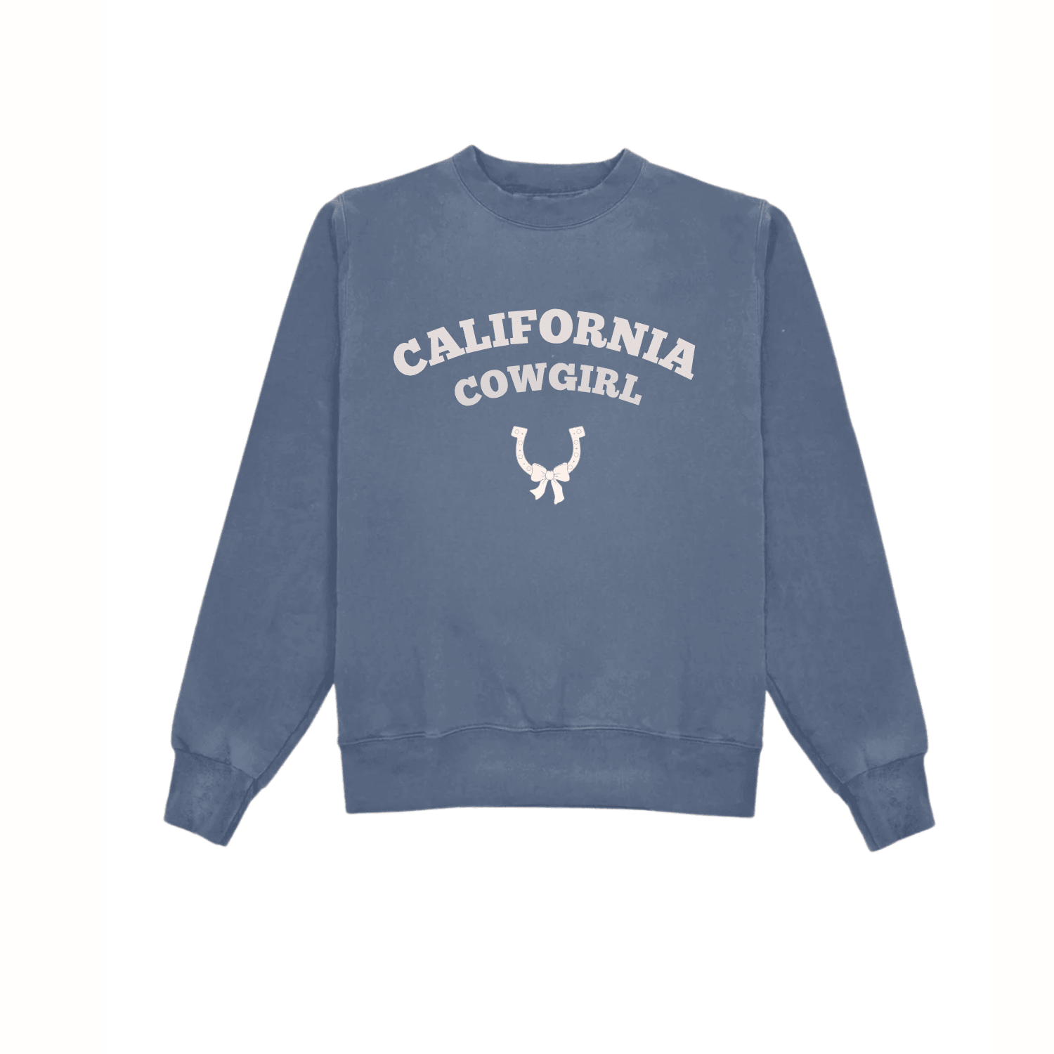 Blue California Cowgirl crewneck sweatshirt with white front graphic