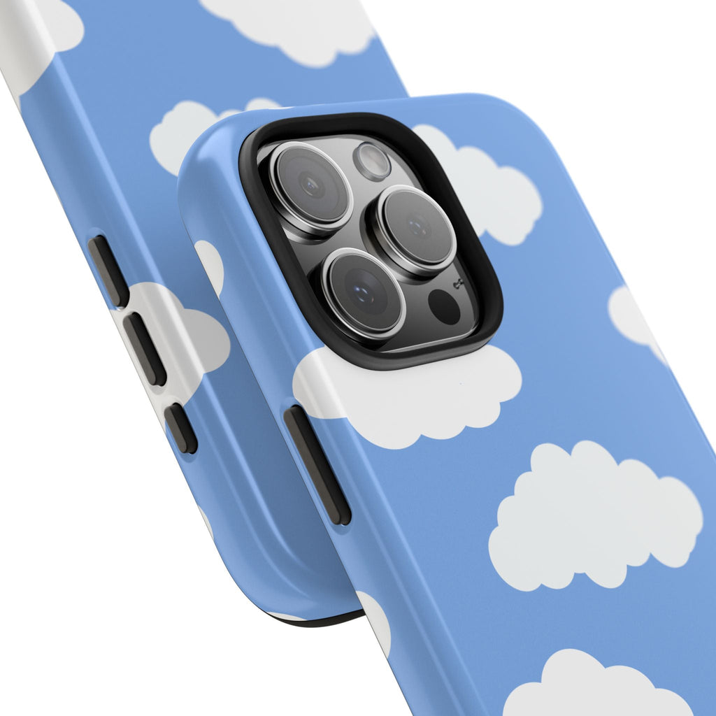 Close-up blue phone case with white clouds, side buttons and camera lenses