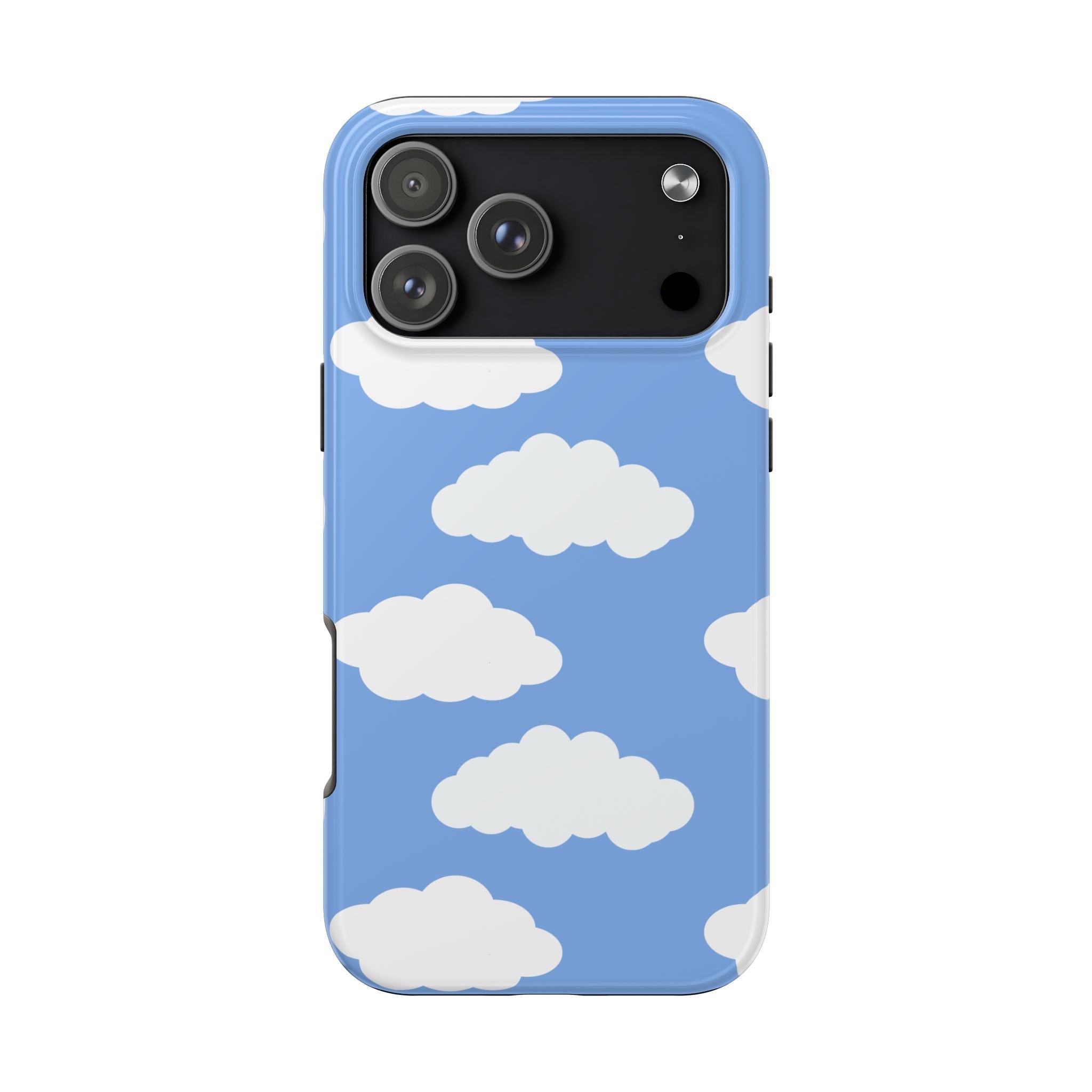 Blue phone case with white cloud pattern, full back view and camera cutout