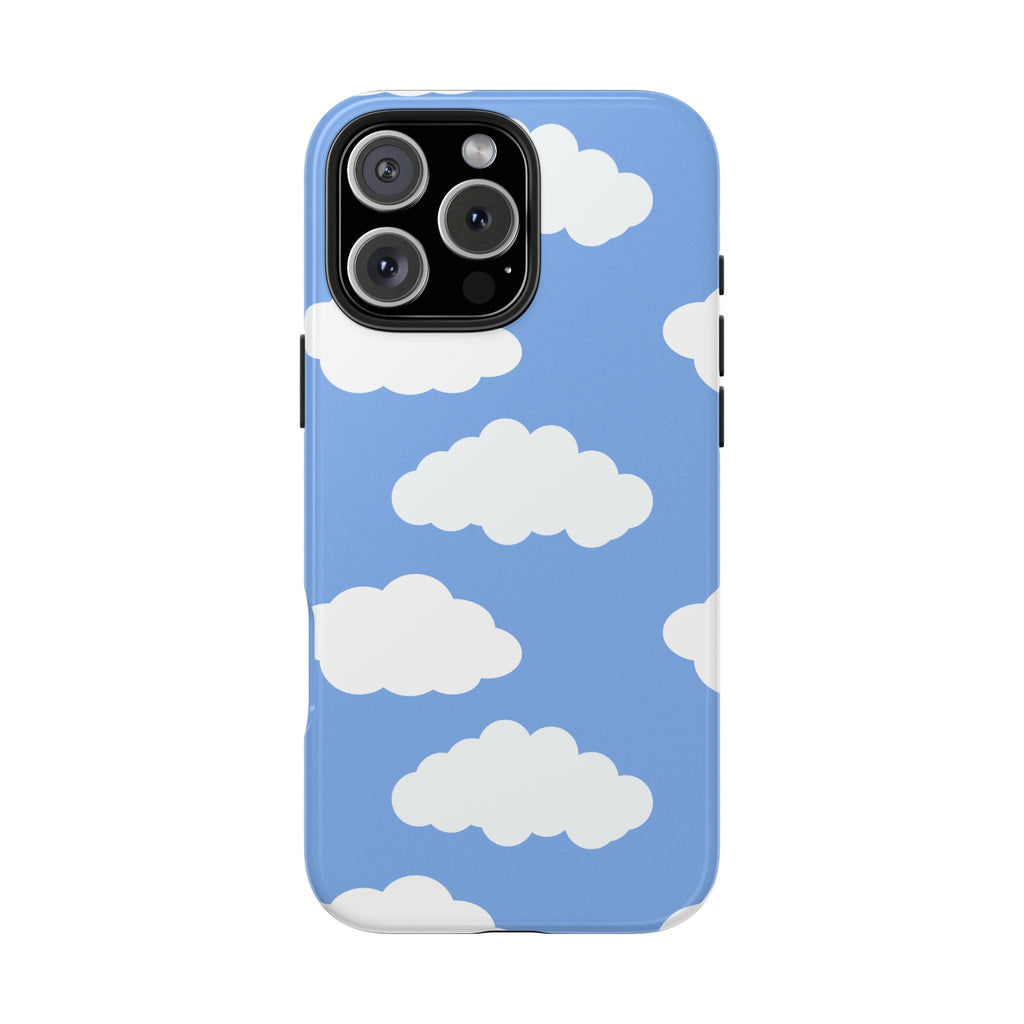 Blue phone case with scattered white clouds, raised camera frame at top