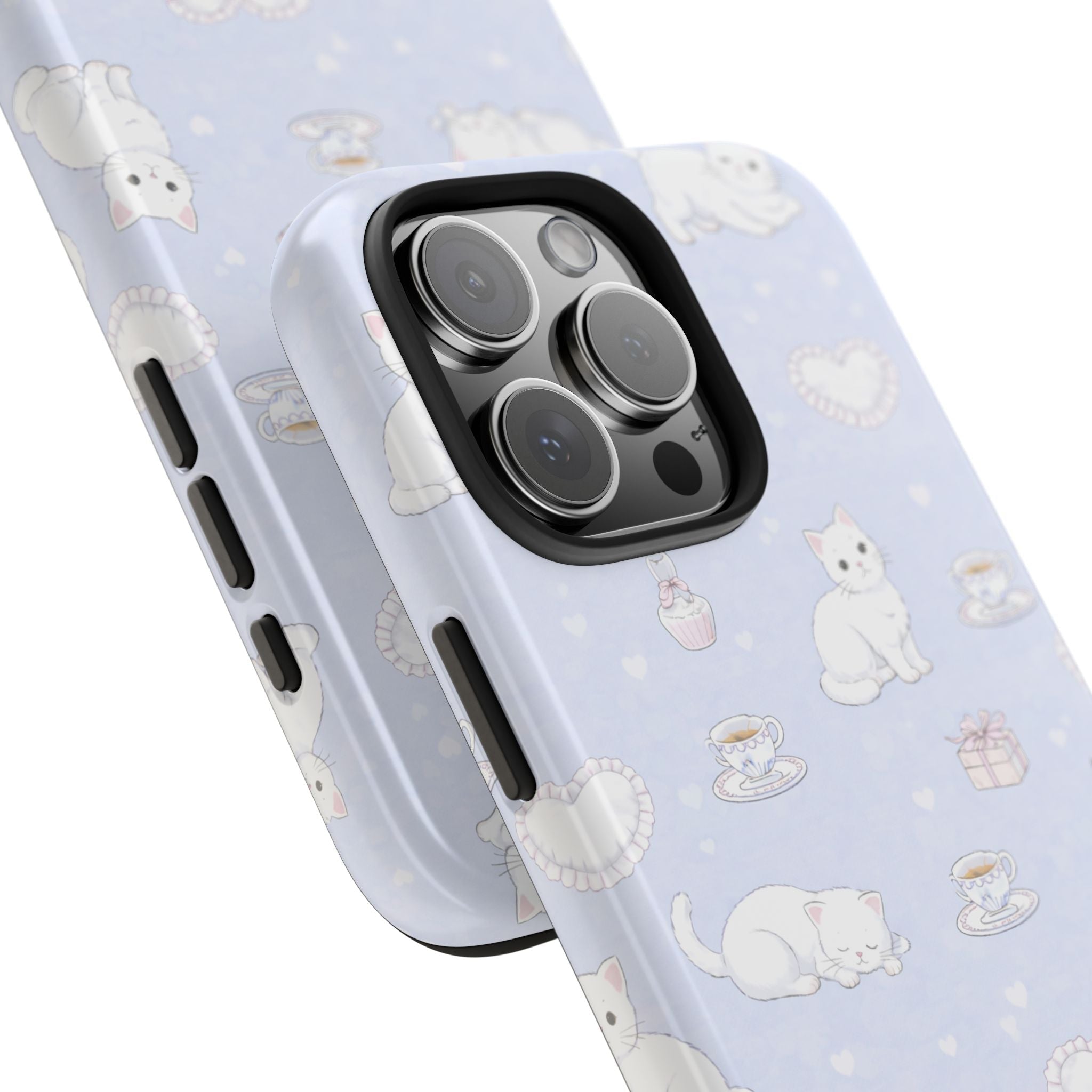 Light blue cat phone case close-up with raised camera cutout and playful pattern