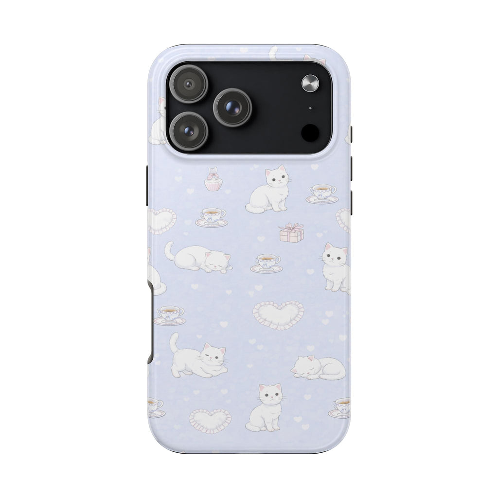 Light blue phone case back with white cat illustrations, hearts, gifts, and teacups