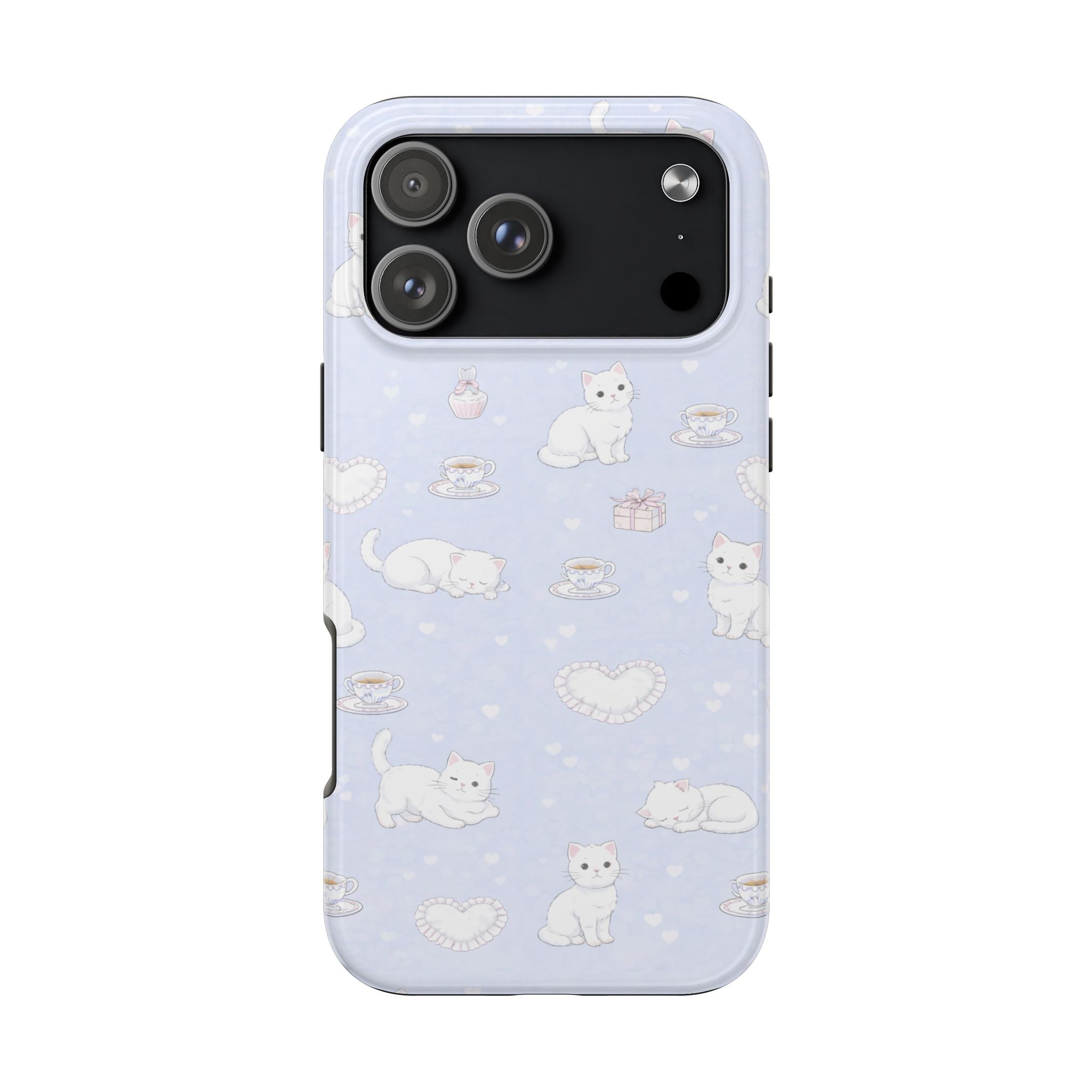 Light blue phone case back with white cat illustrations, hearts, gifts, and teacups