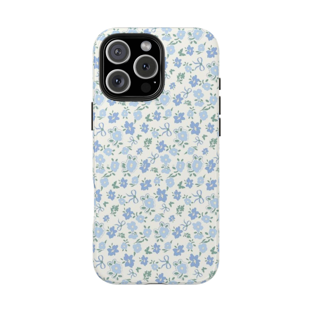 Light blue cottage floral phone case, centered camera island and side buttons