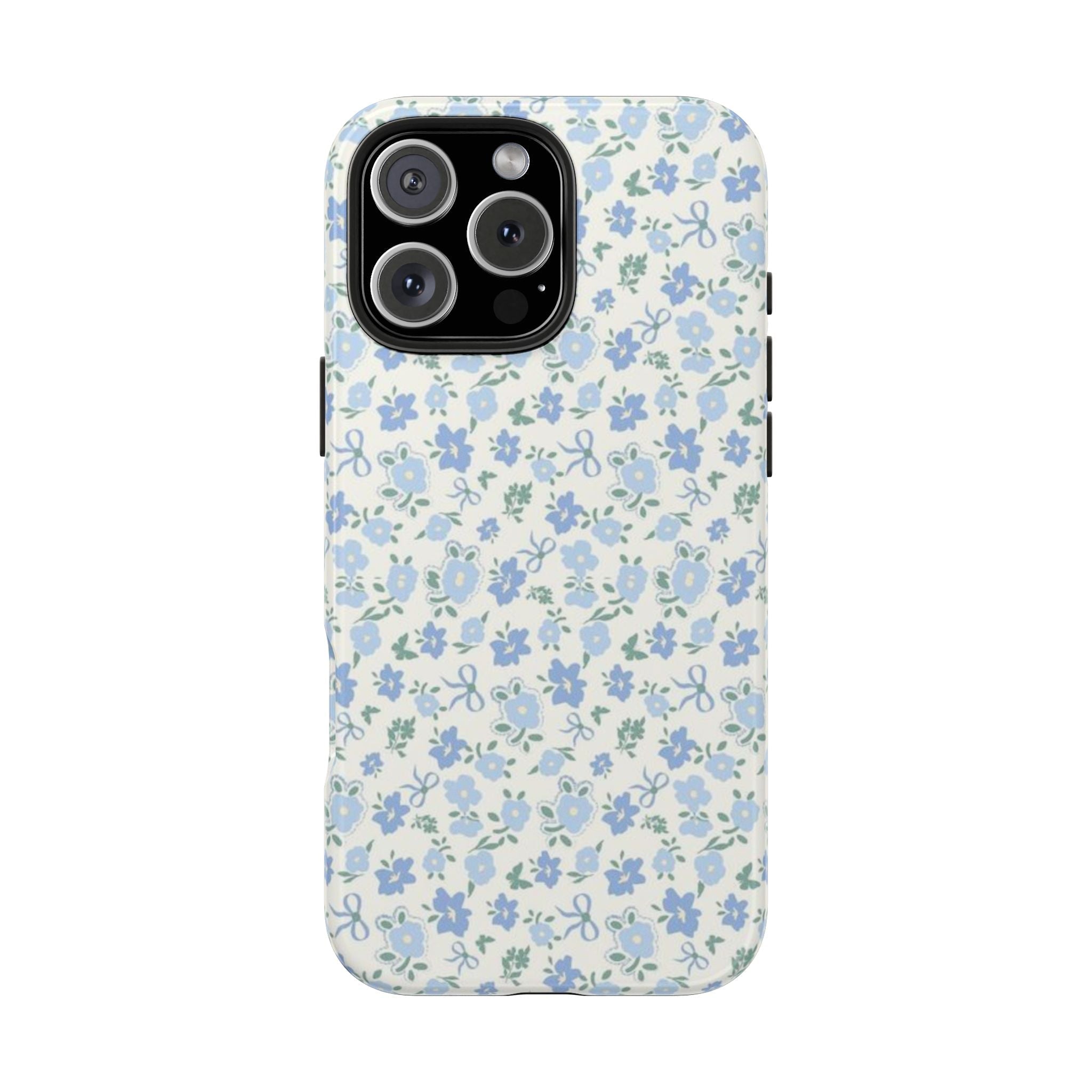 Light blue floral phone case with camera cutout and protective corner bumper