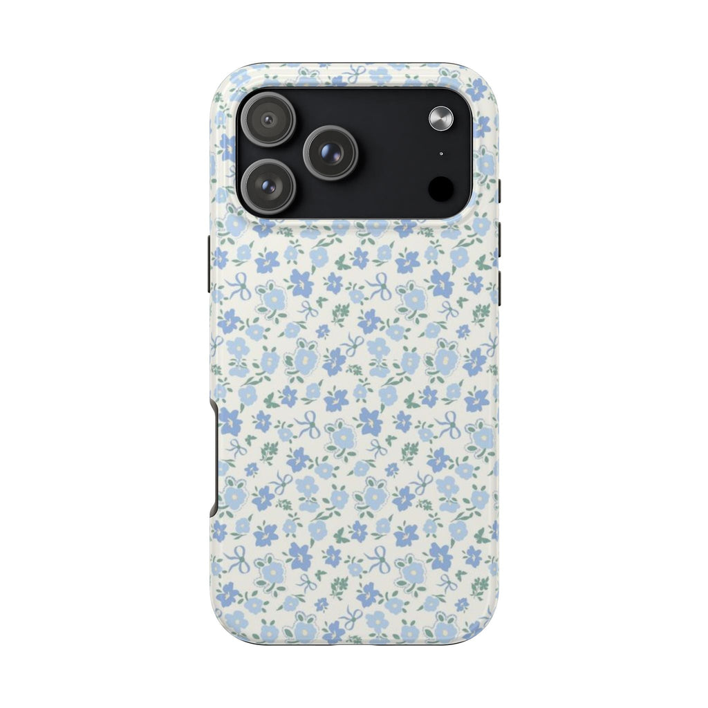 Light blue floral phone case with camera cutout, glossy clear border